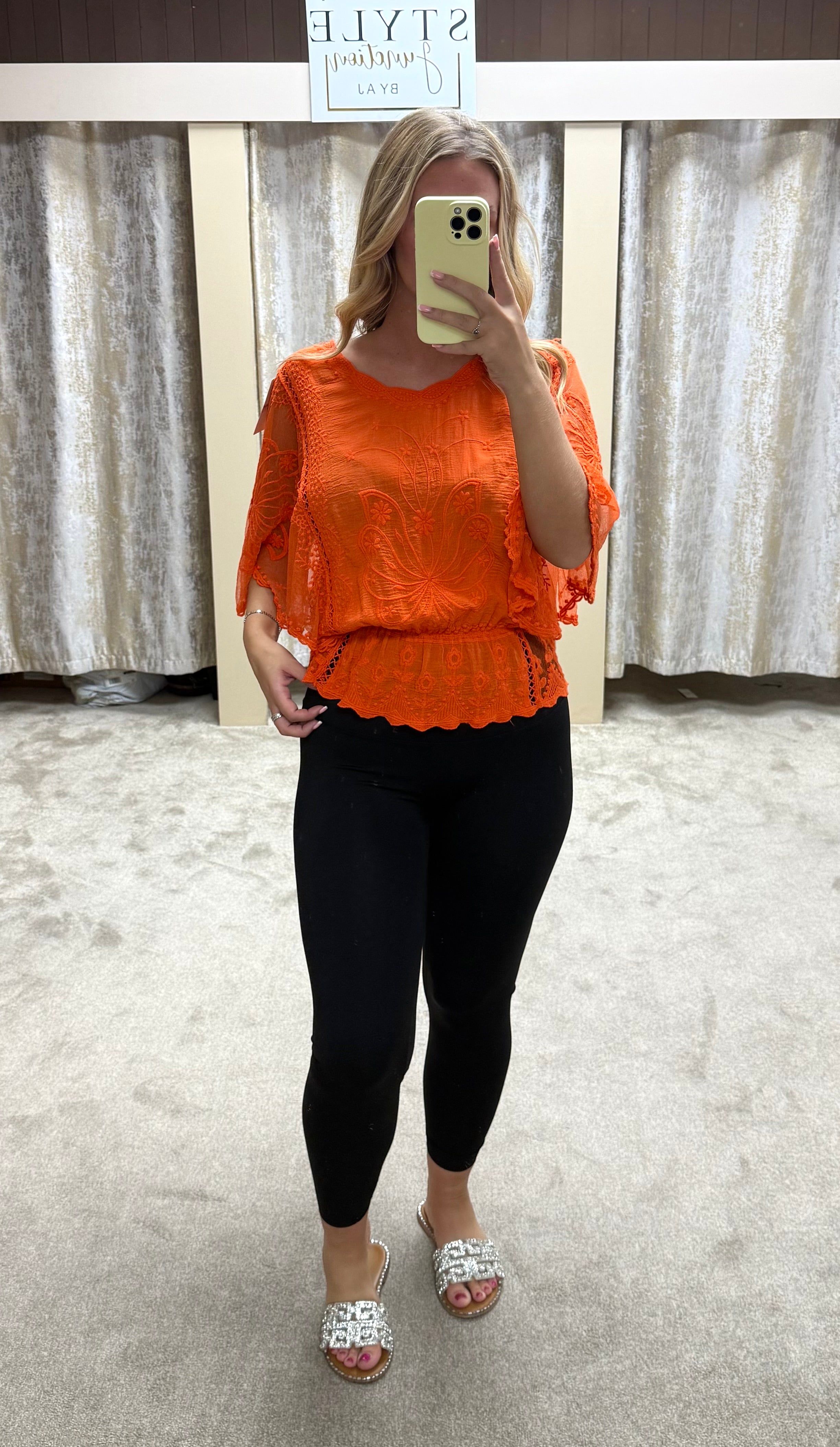 Butterly Embroidered Elasticated Waist Crochet Detail Top