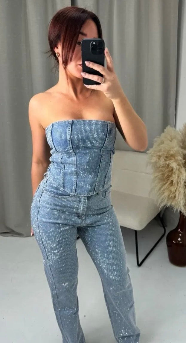 Diamanté Stretchy Denim Zip Up Corset Top