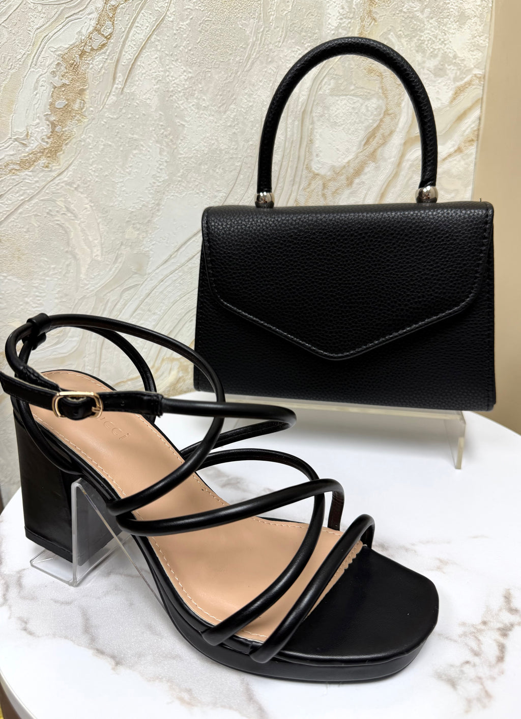 Strappy Comfy Platform Block Heels - Black