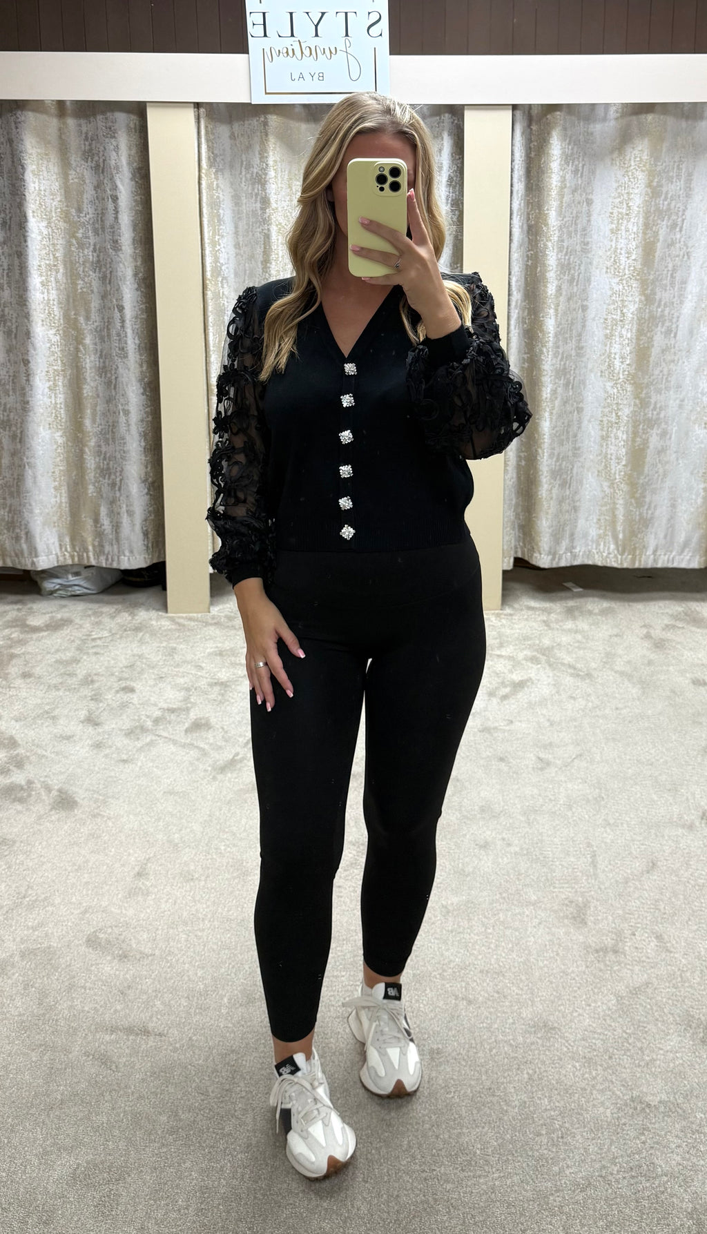 Crochet Detail Mesh Sleeve Cardigan With Diamanté Buttons
