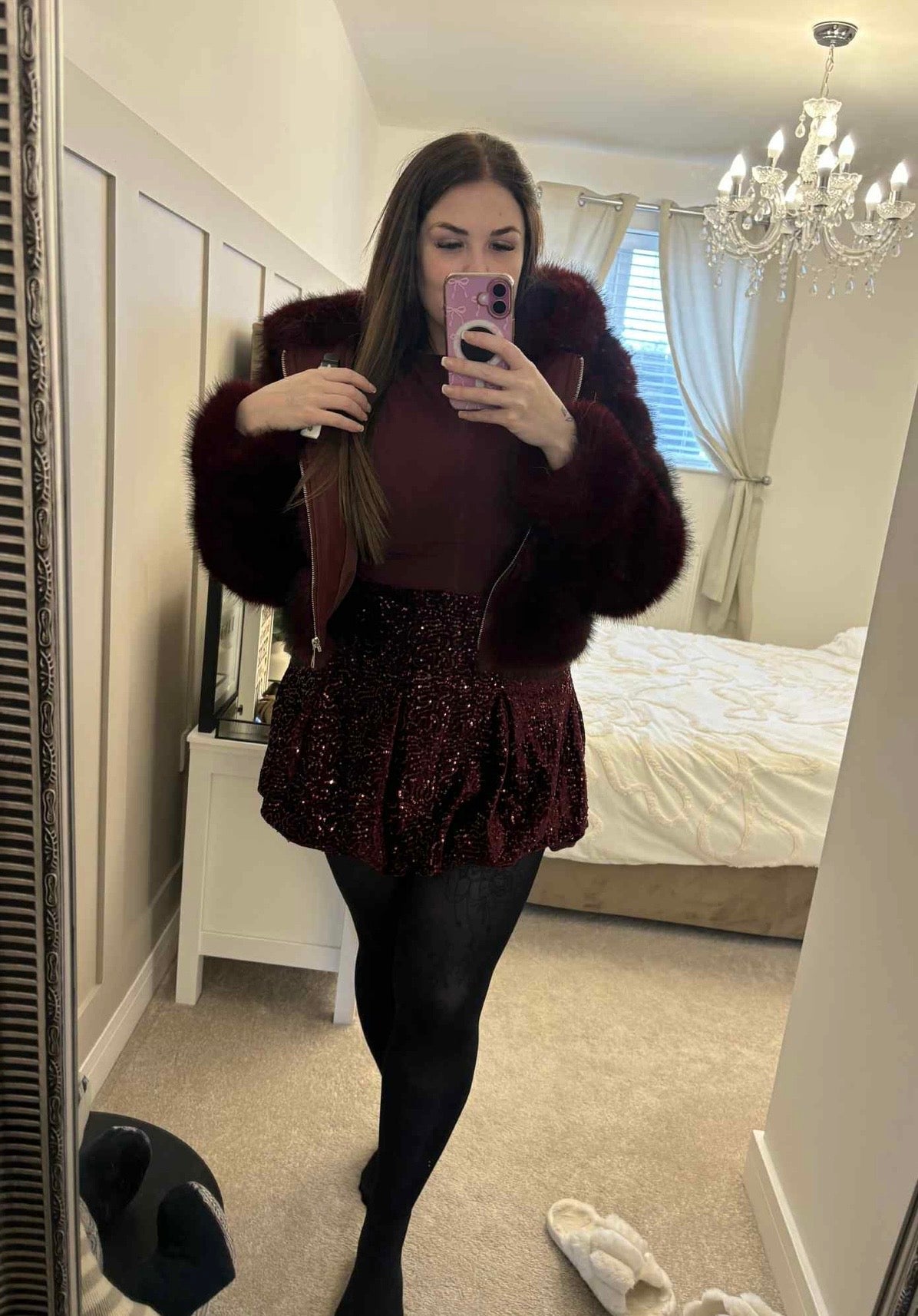 Burgundy Faux Fur Zip Jacket with Hood