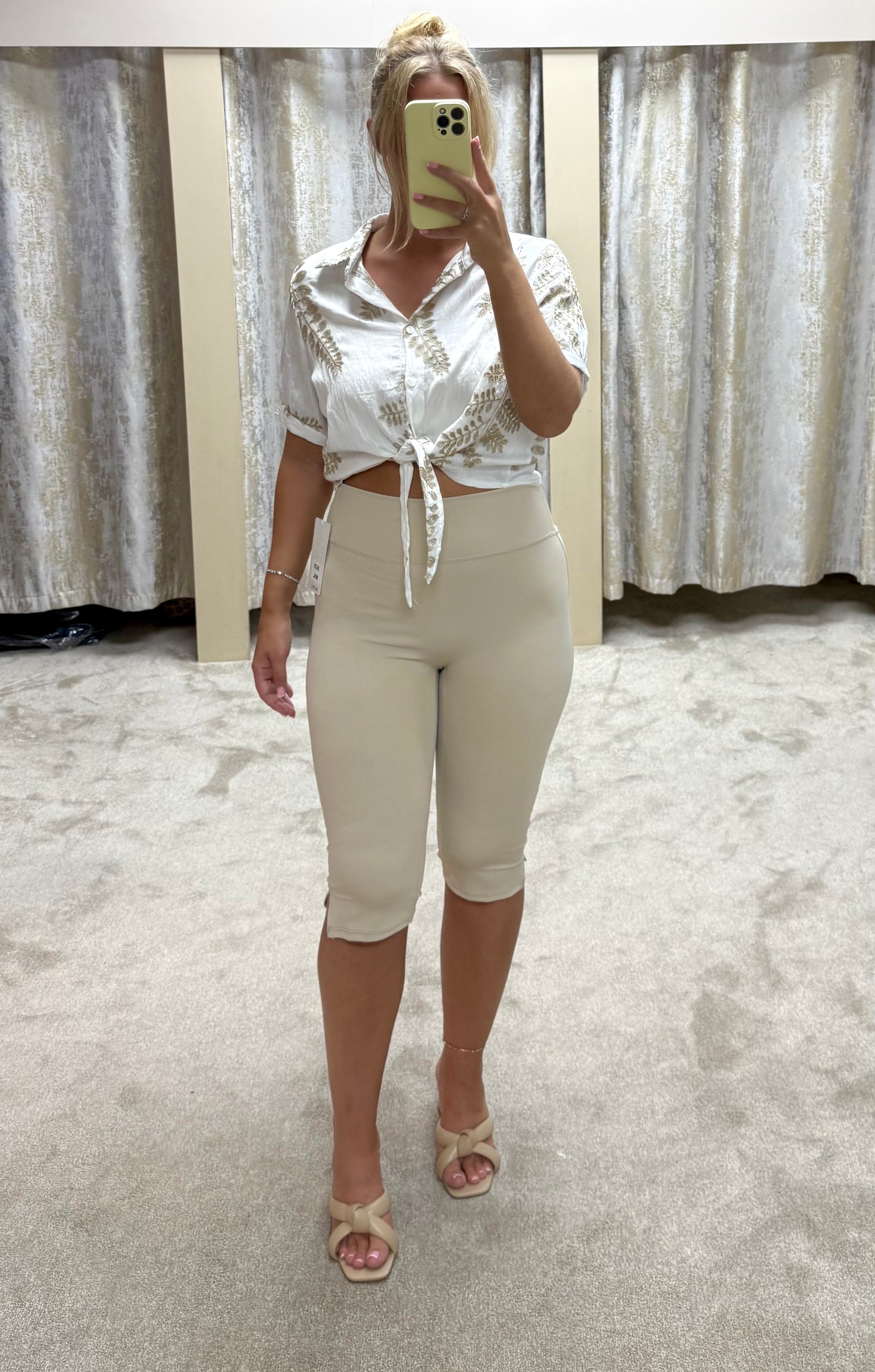 White & Gold Embroidered Detail Tie Waist Linen Shirt
