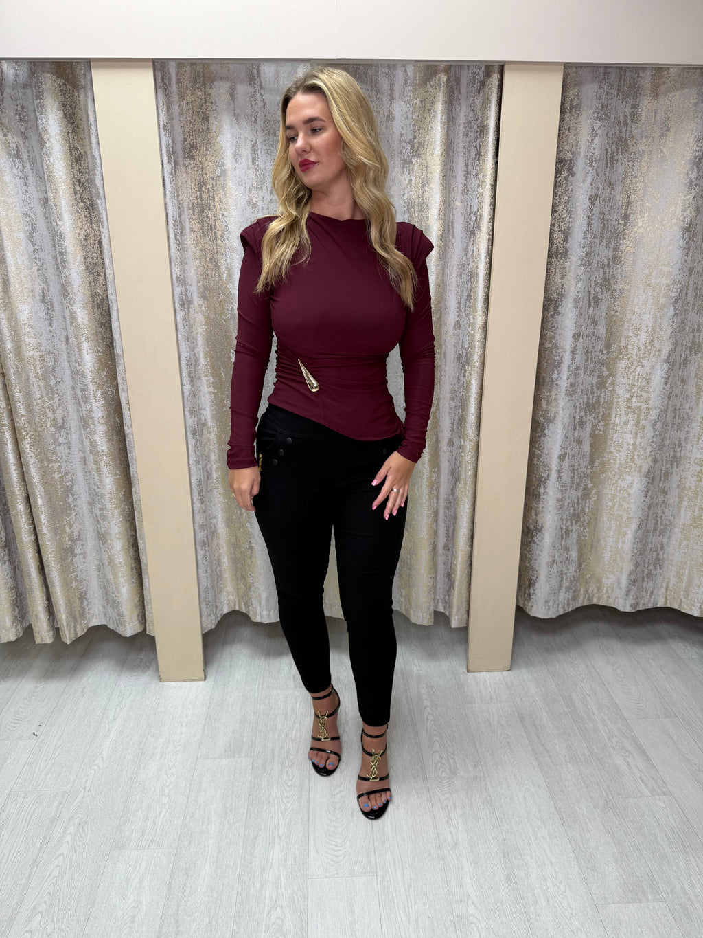 Asymmetric Side Split Long Sleeve Buckle Top with Shoulder Pads & Ruched Detailing