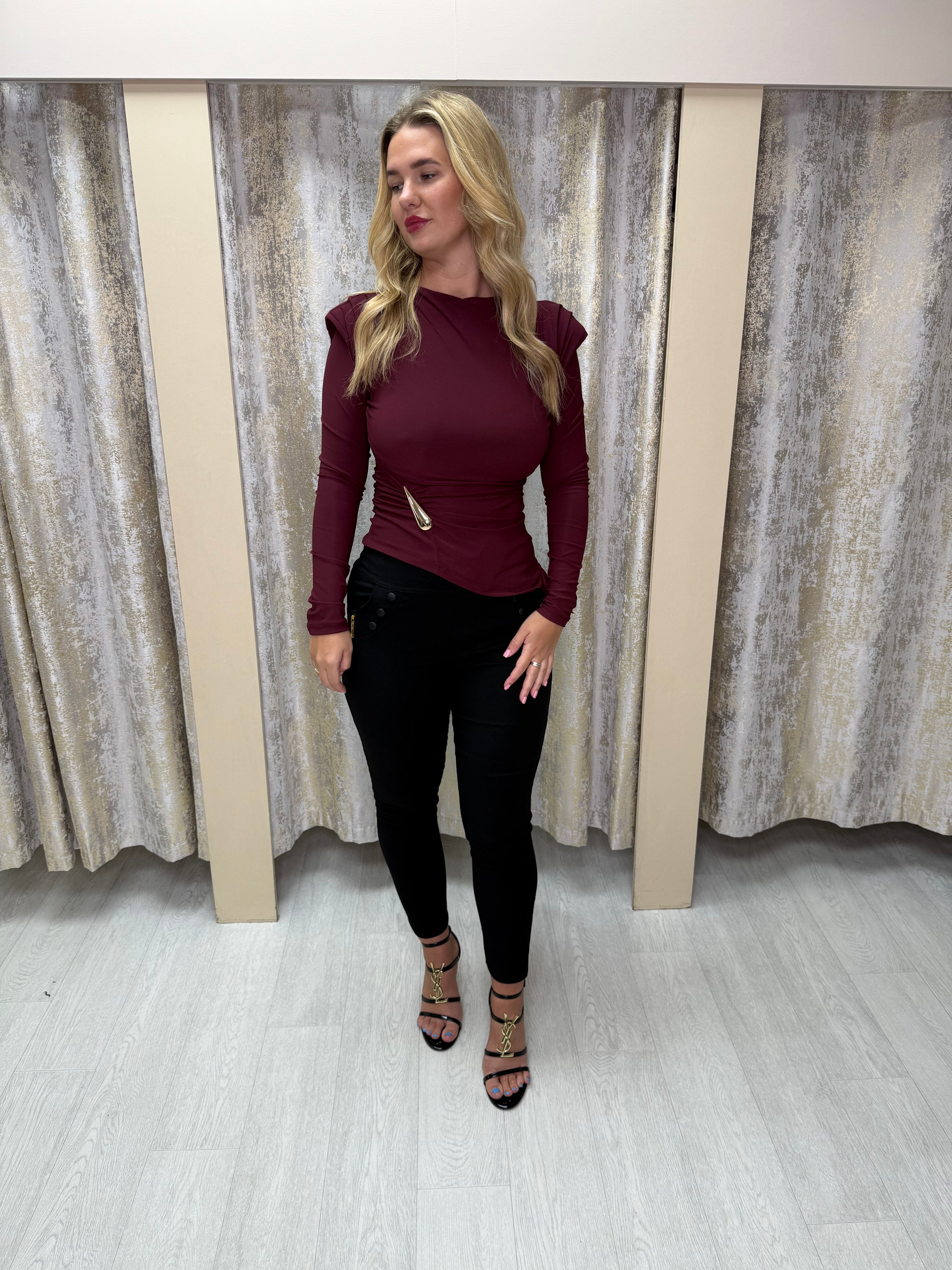 Asymmetric Side Split Long Sleeve Buckle Top with Shoulder Pads & Ruched Detailing