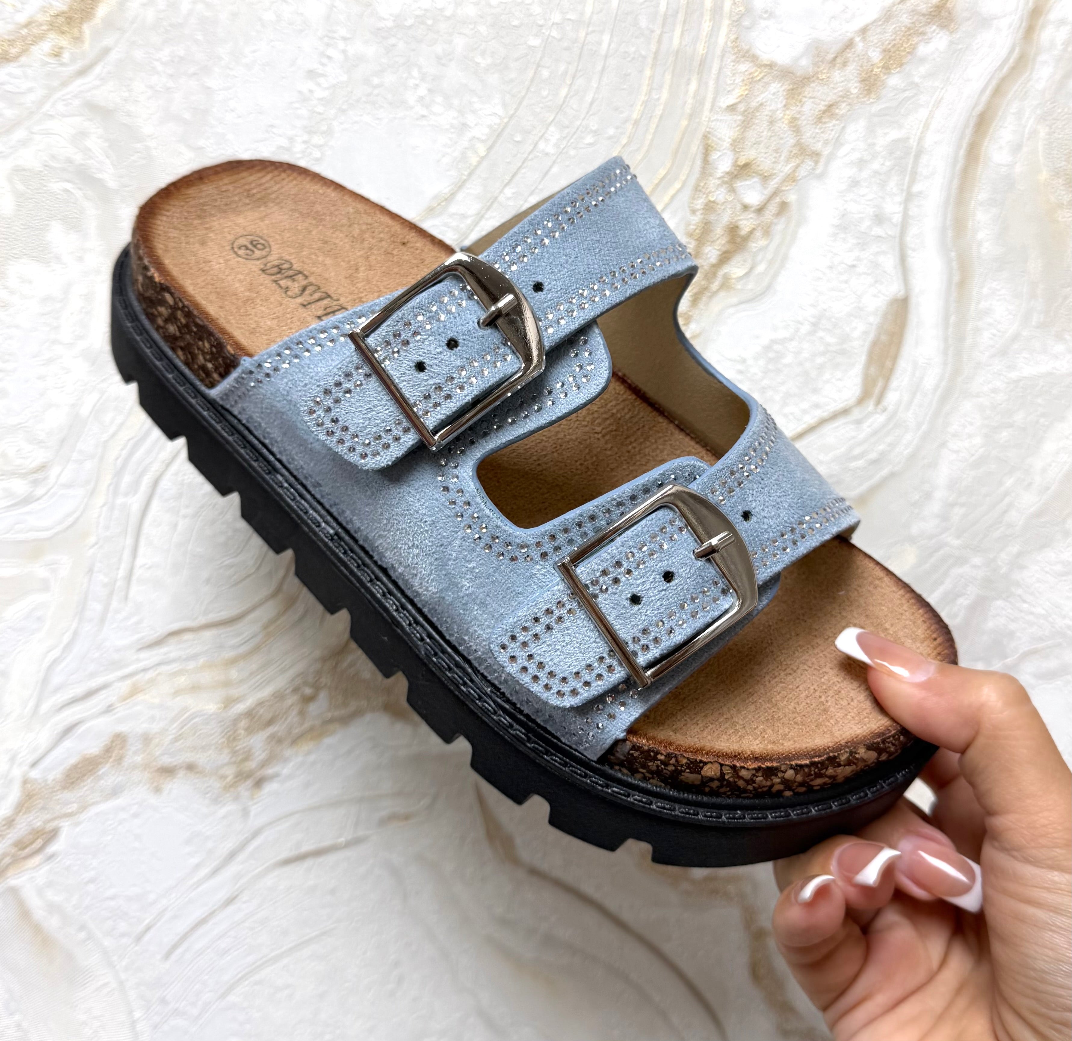 Diamanté Buckle Sliders - Denim Blue