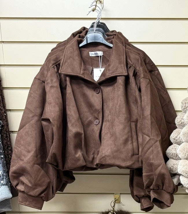 Chocolate Faux Suede Oversized Bomber Jacket