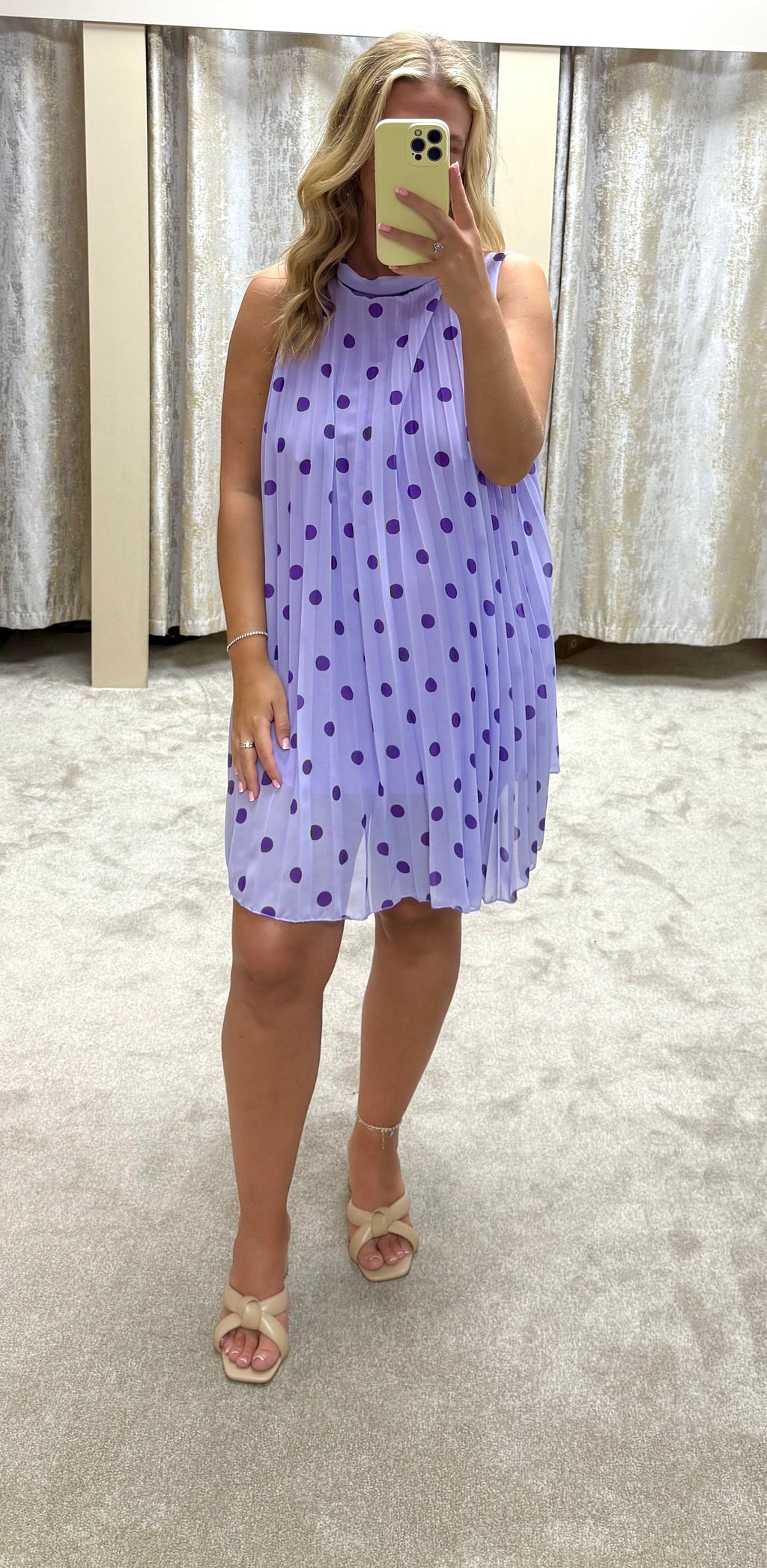 Polka Dot Halter Neck Pleated Dress - Lined Fabric