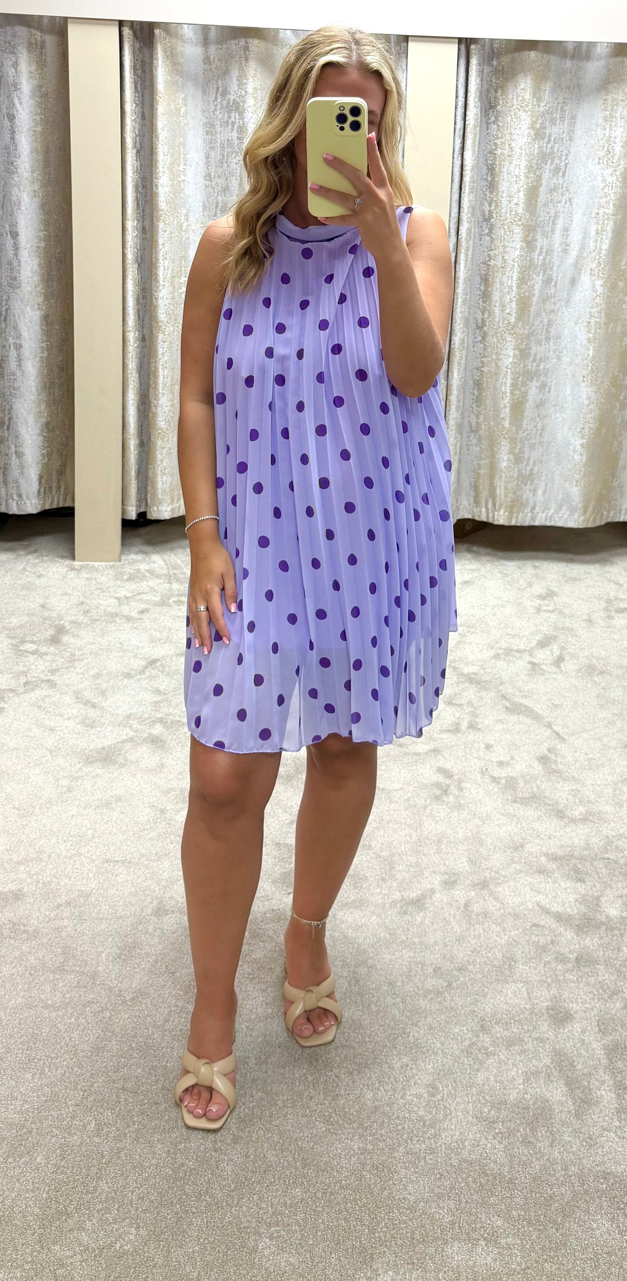 Polka Dot Halter Neck Pleated Dress - Lined Fabric
