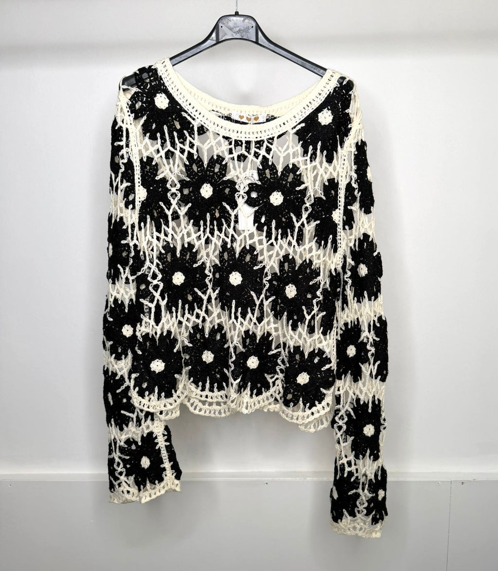 White & Black Flower Detail Crochet Top
