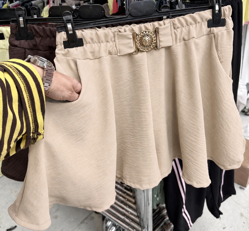 Elasticated High Waisted Floaty Shorts With Gold Buckle Detail