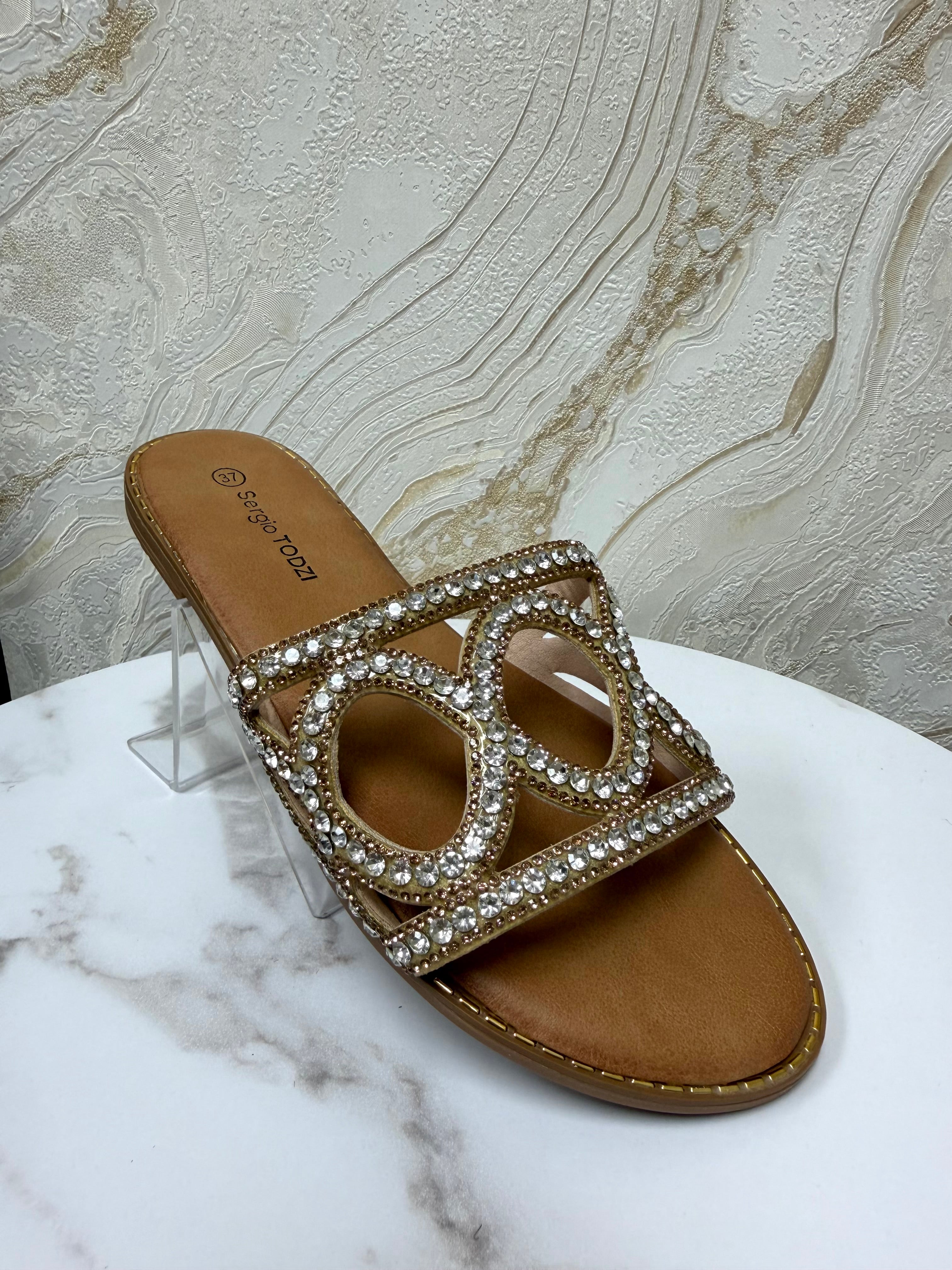 Diamanté Soft Sole Sliders - Gold