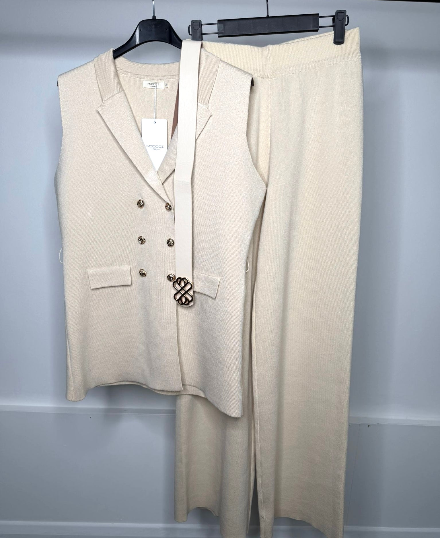 LUXE Gold Button & Belt Detail Waistcoat & Trousers Co Ord - Beige