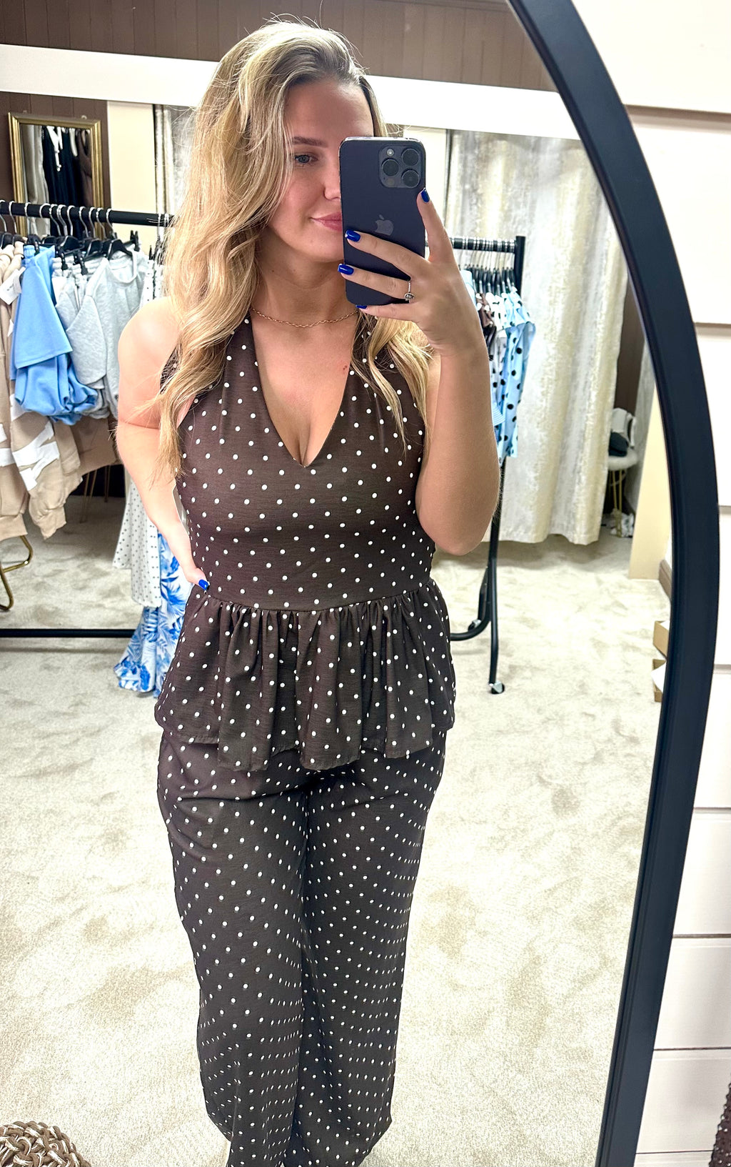 Polka Dot Halter Neck Frill Hem Top & Trouser Co Ord