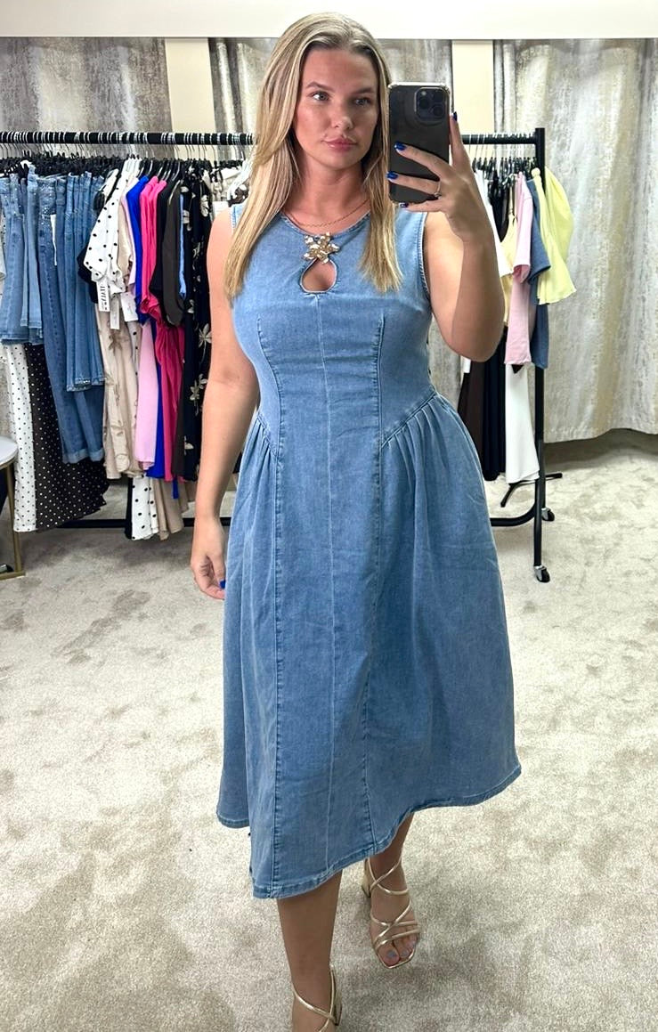 Denim Dropped Waist Midi Dress With Gold Flower Detail