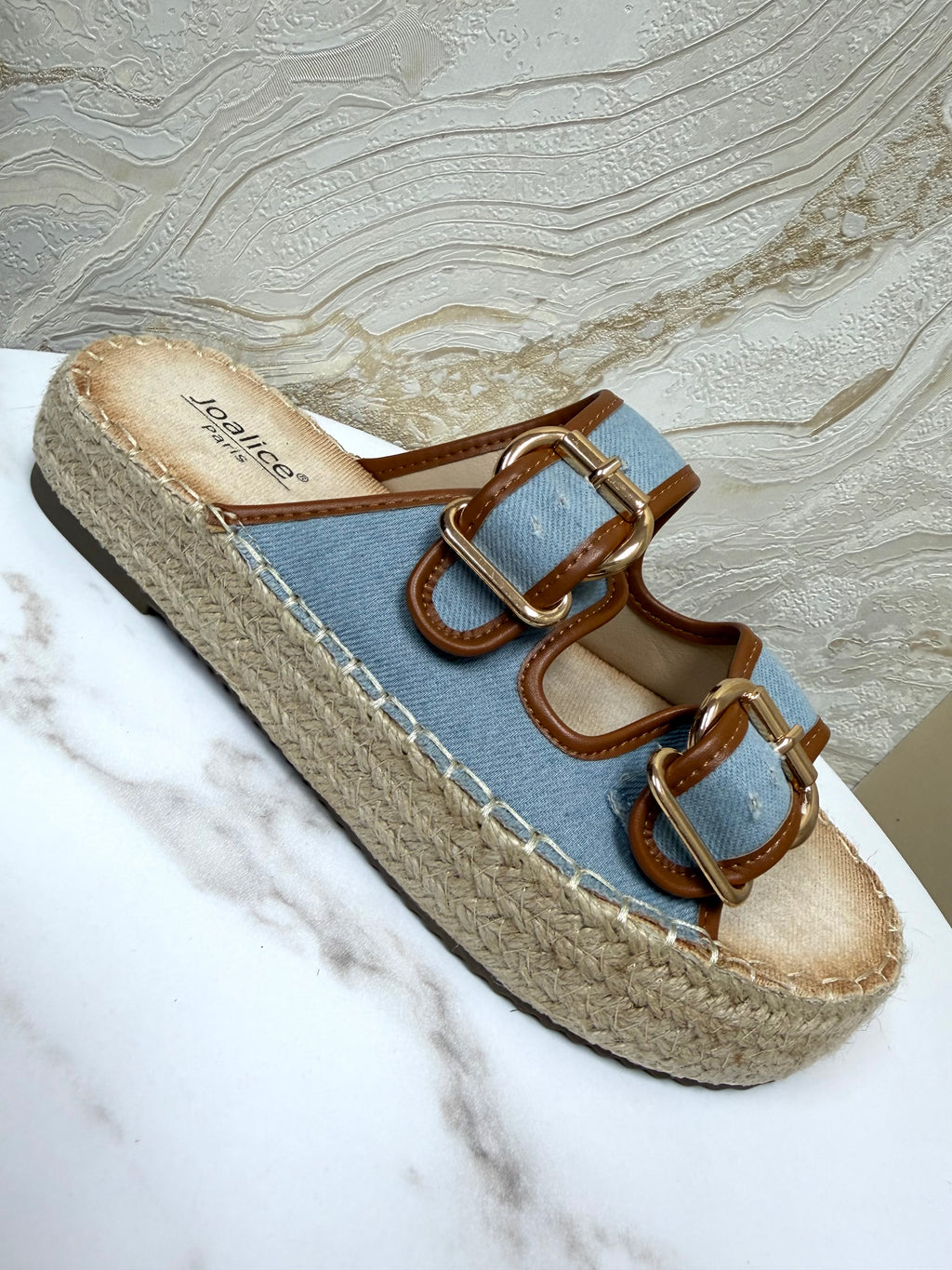 Denim & Tan Detail Buckle Espadrille Sliders