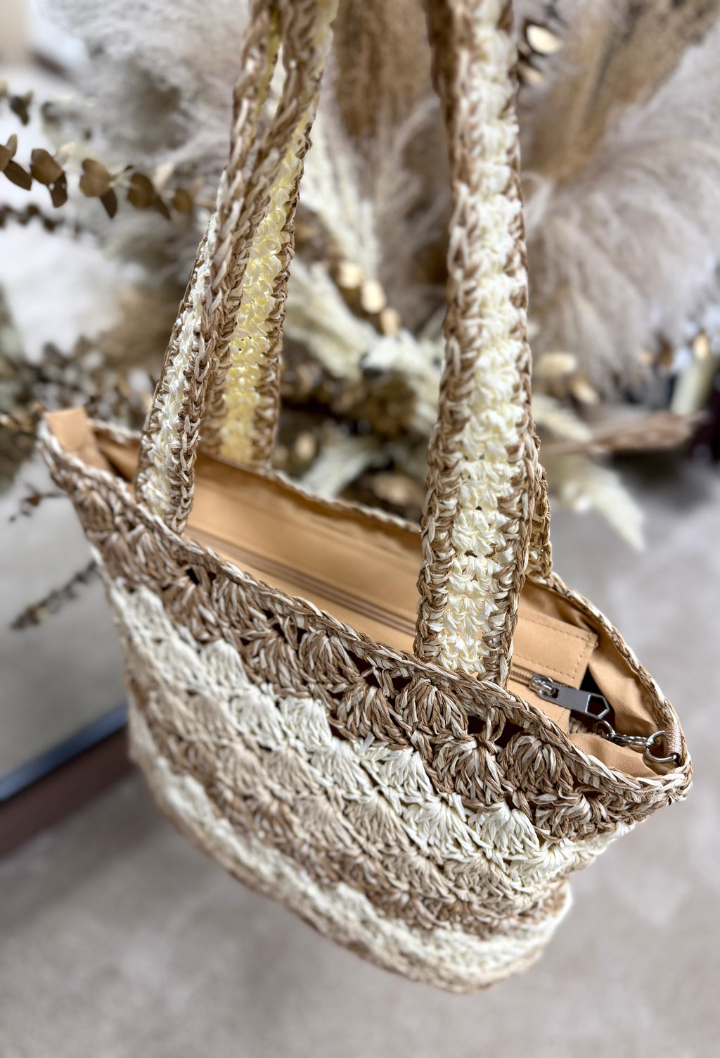 Neutral Woven Straw Lined Beach Bag