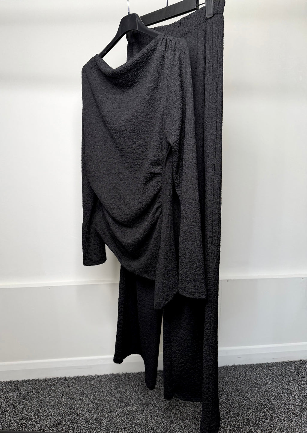 Ruched Detail Waist Cinching Cheesecloth Asymmetrical Long Sleeve Top & Trouser Co Ord