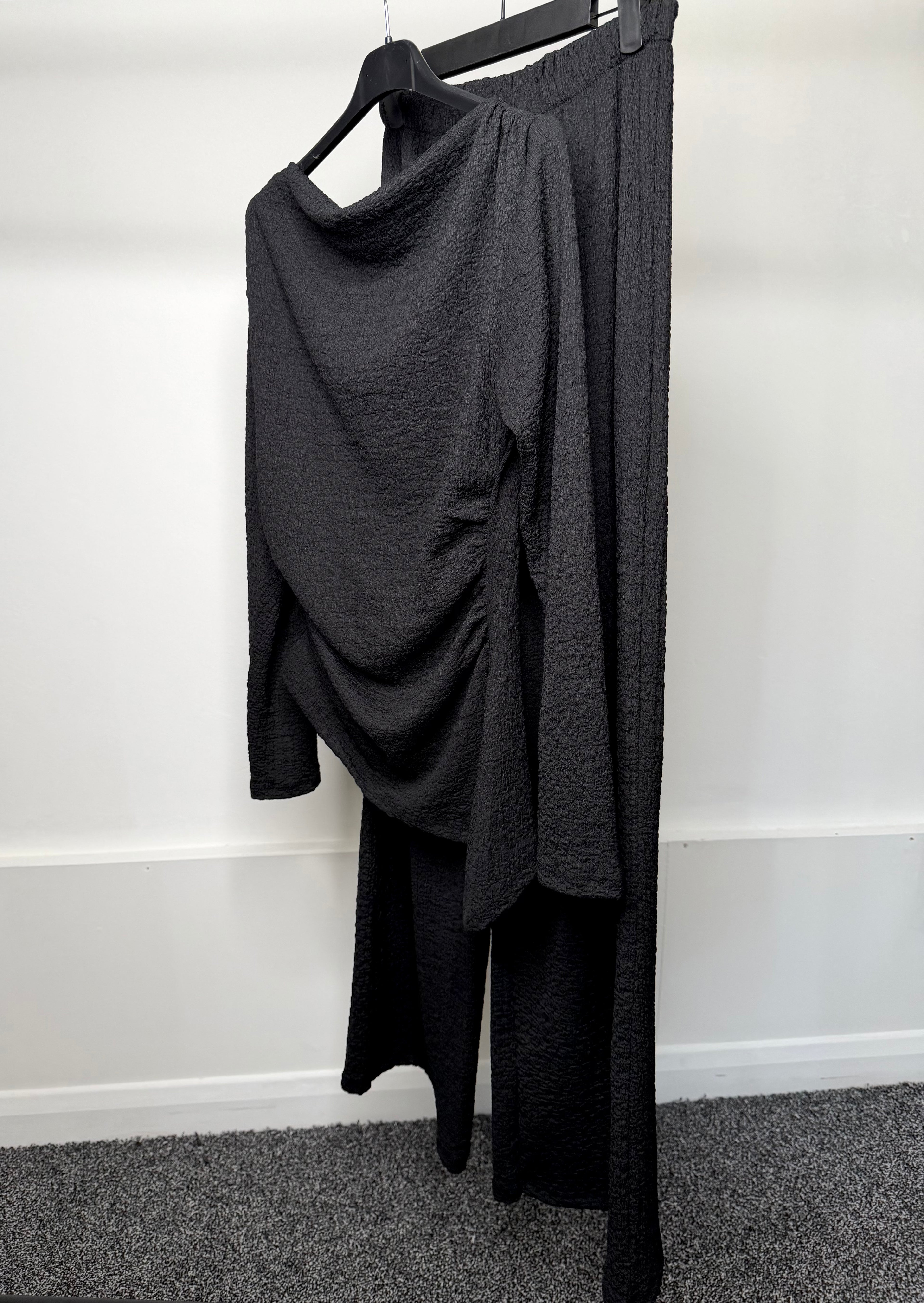 Ruched Detail Waist Cinching Cheesecloth Asymmetrical Long Sleeve Top & Trouser Co Ord