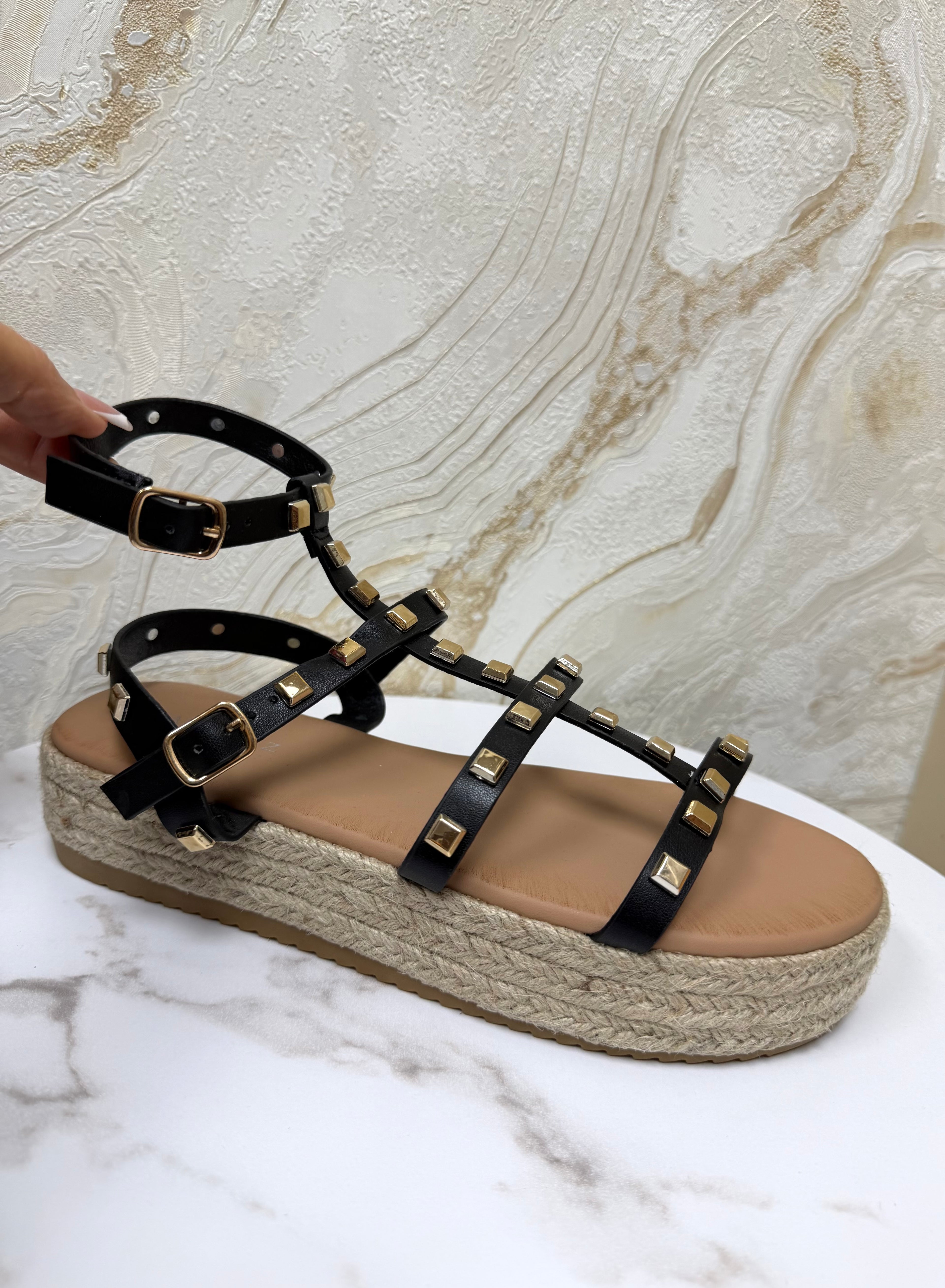 Valentino Inspired Black & Gold Stud Espadrille Sandals