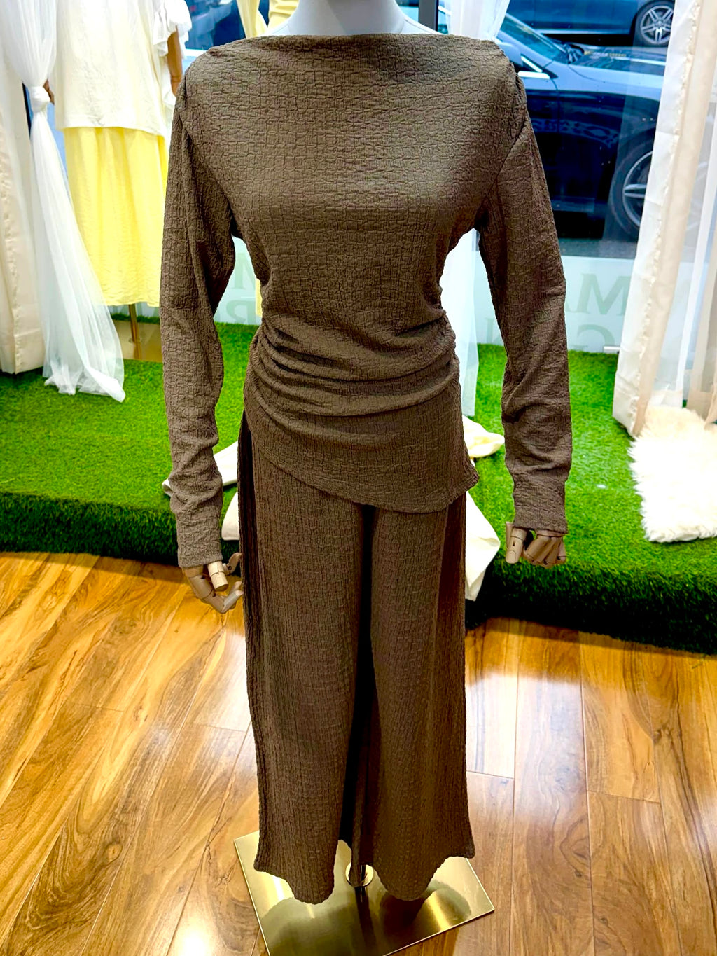 Ruched Detail Waist Cinching Cheesecloth Asymmetrical Long Sleeve Top & Trouser Co Ord