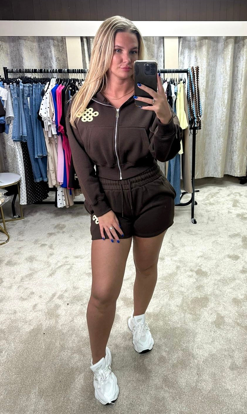 Oversized Waist Cinching Zip Up Hoodie & Shorts Knot Logo Co Ord - Chocolate Brown