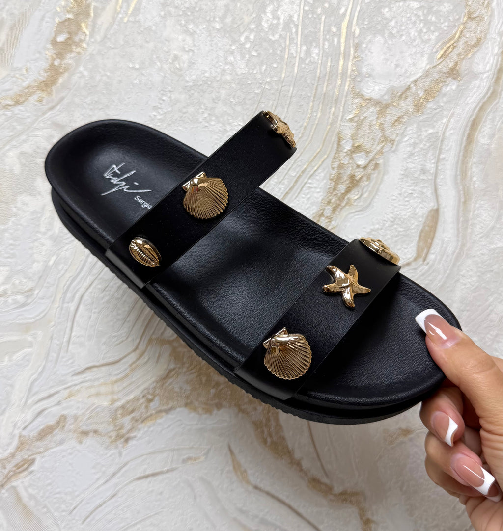 Seashell & Starfish Gold Detail Sliders - Black