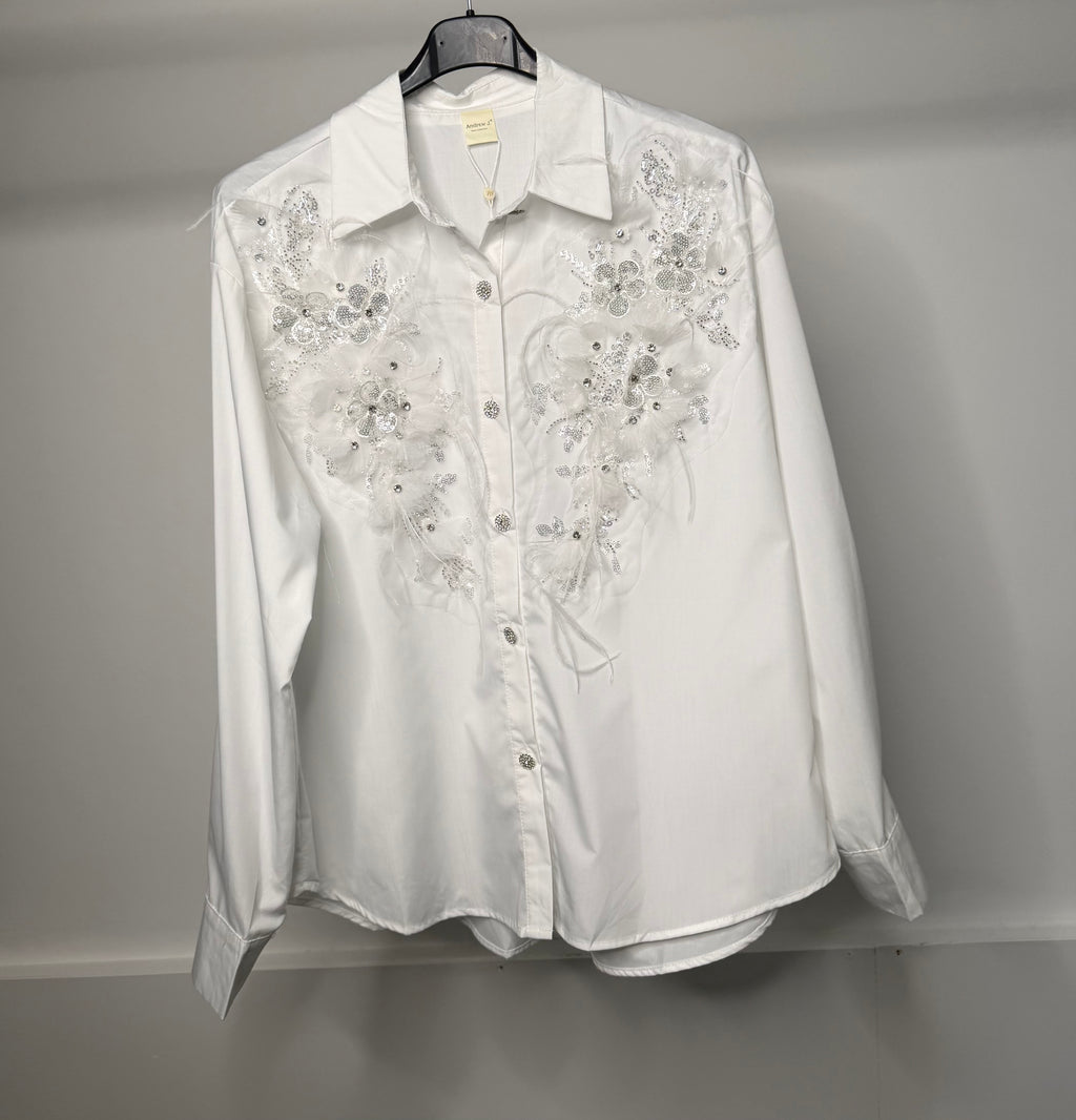 LUXE Embellished Diamanté Mesh Flower Detail Shirt