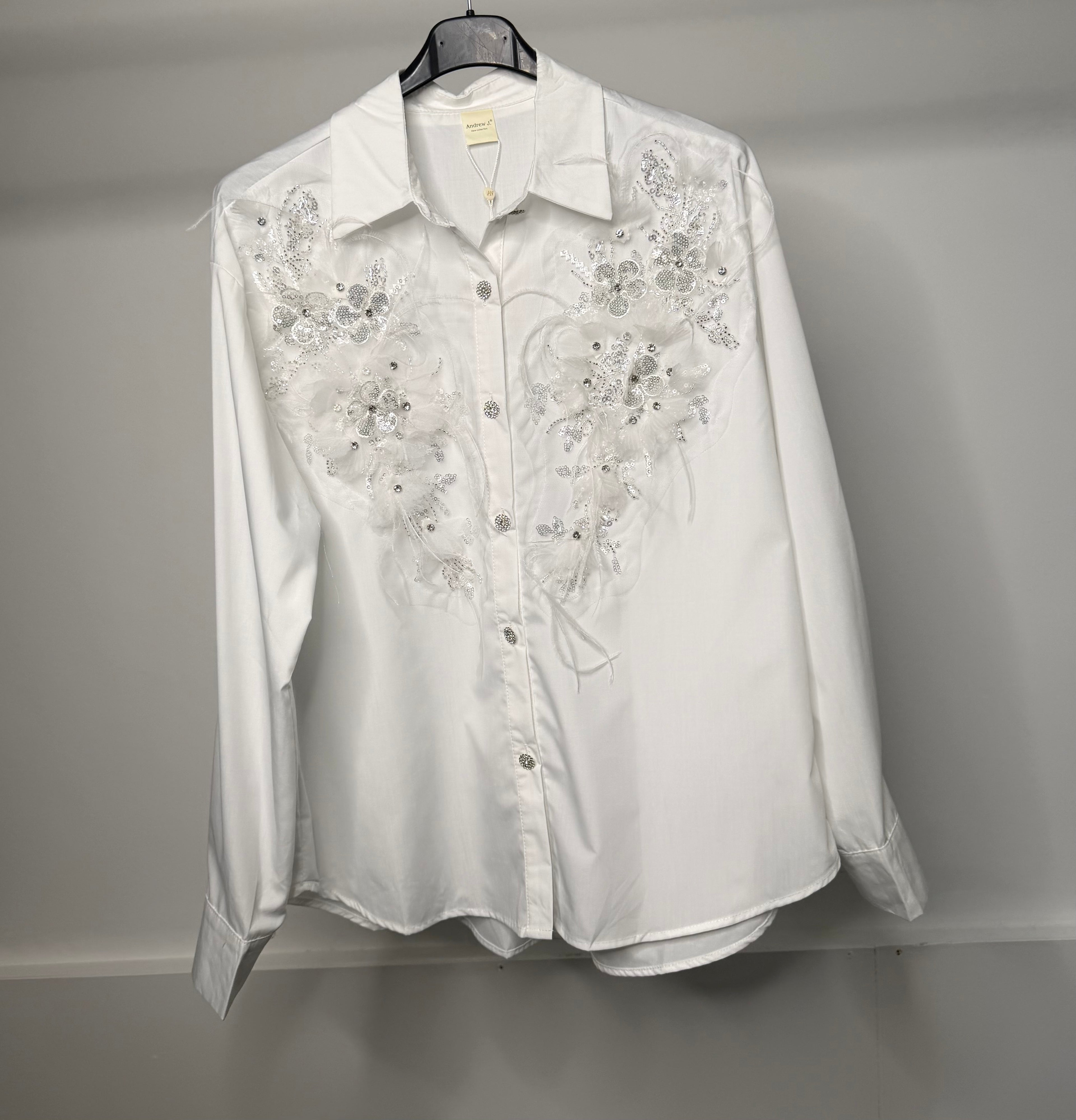 LUXE Embellished Diamanté Mesh Flower Detail Shirt