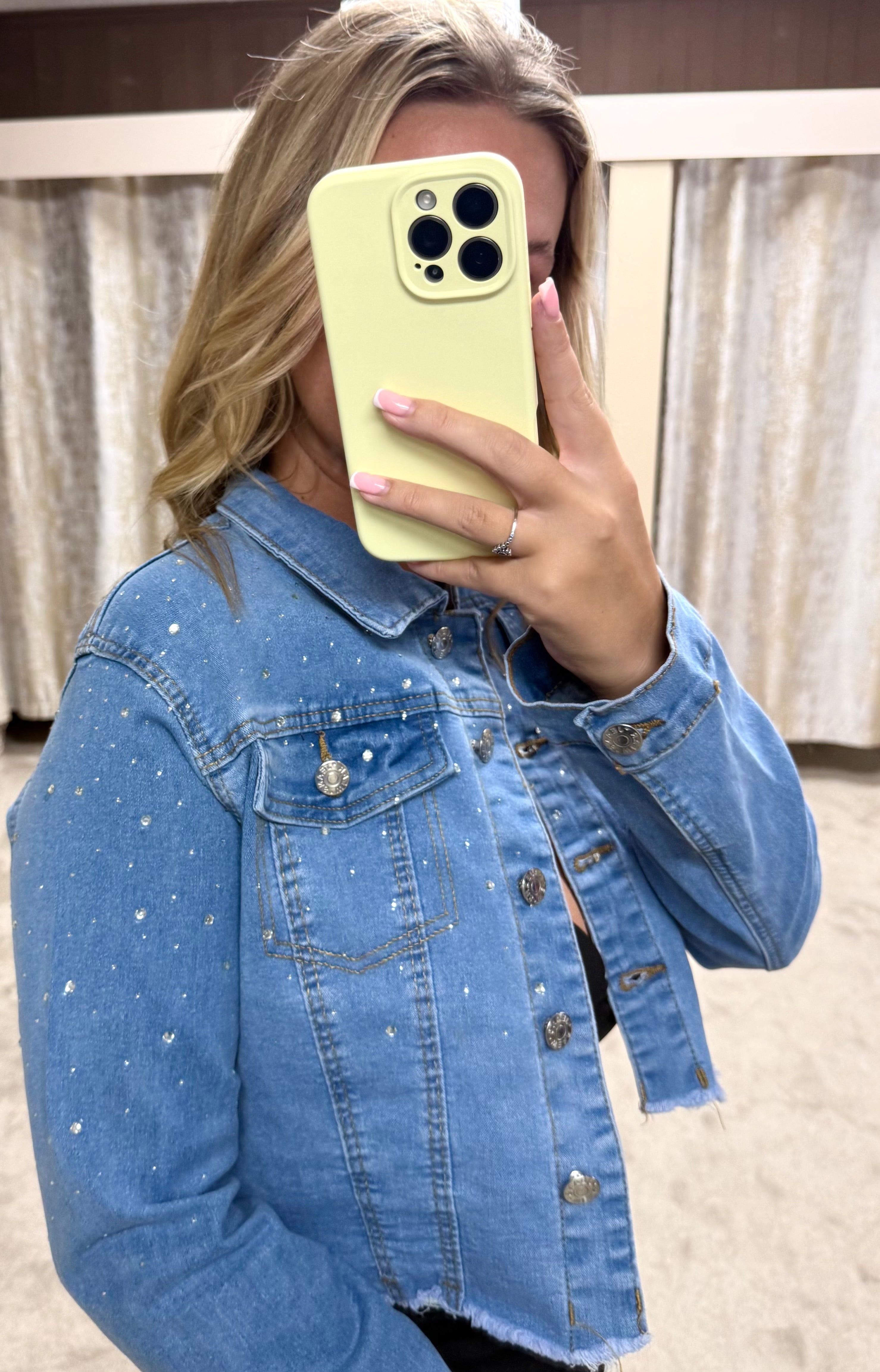Diamanté Cropped Stretchy Denim Jacket