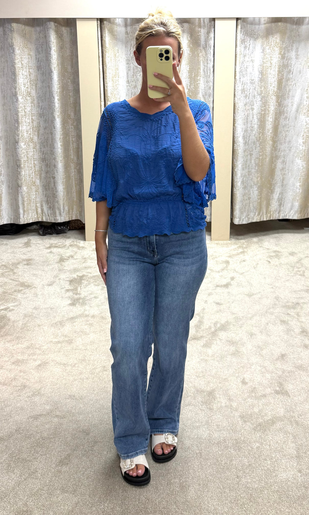 Butterly Embroidered Elasticated Waist Crochet Detail Top