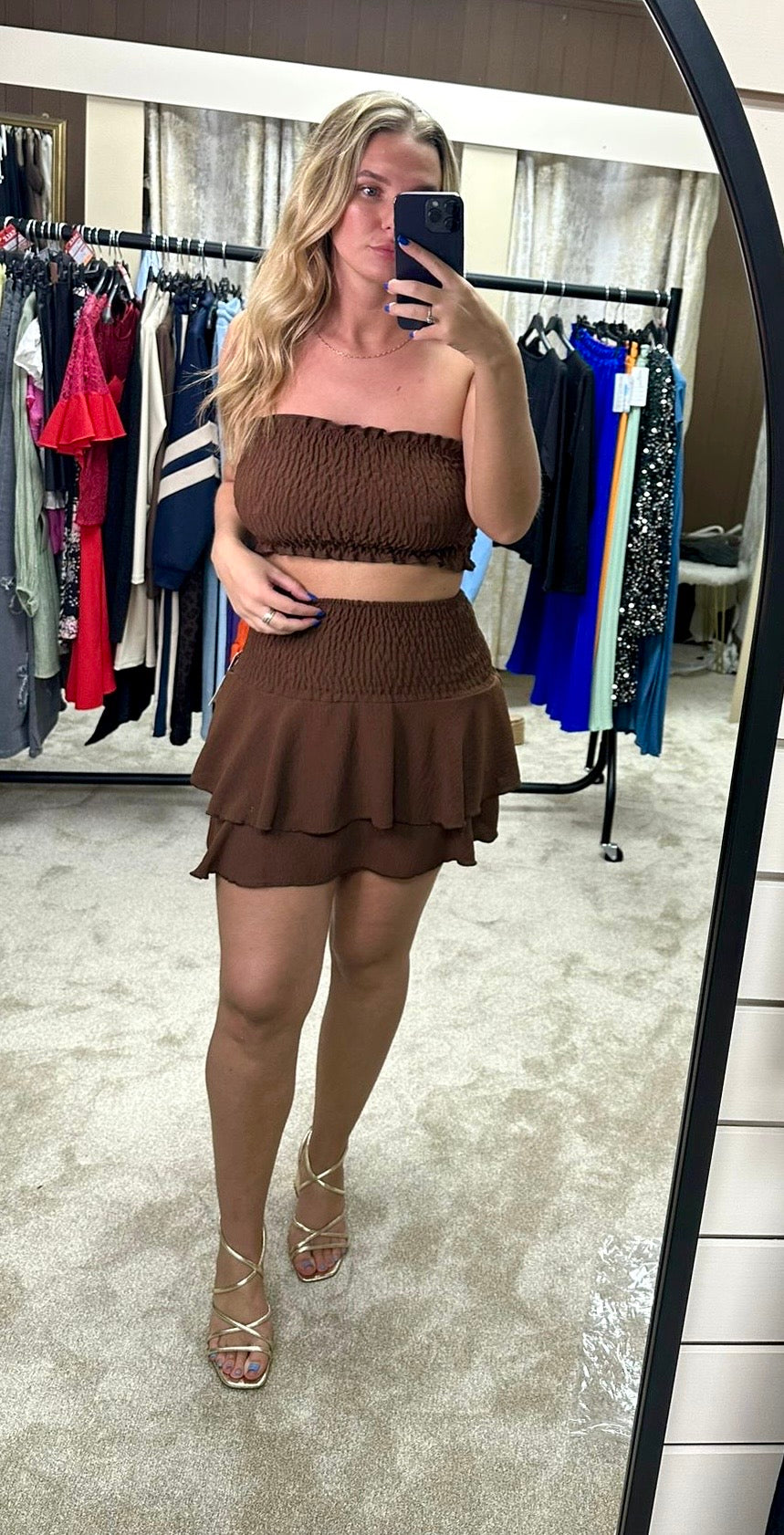 Elasticated Stretchy Bandeau Top & High Waisted Ruffle Skirt Co Ord