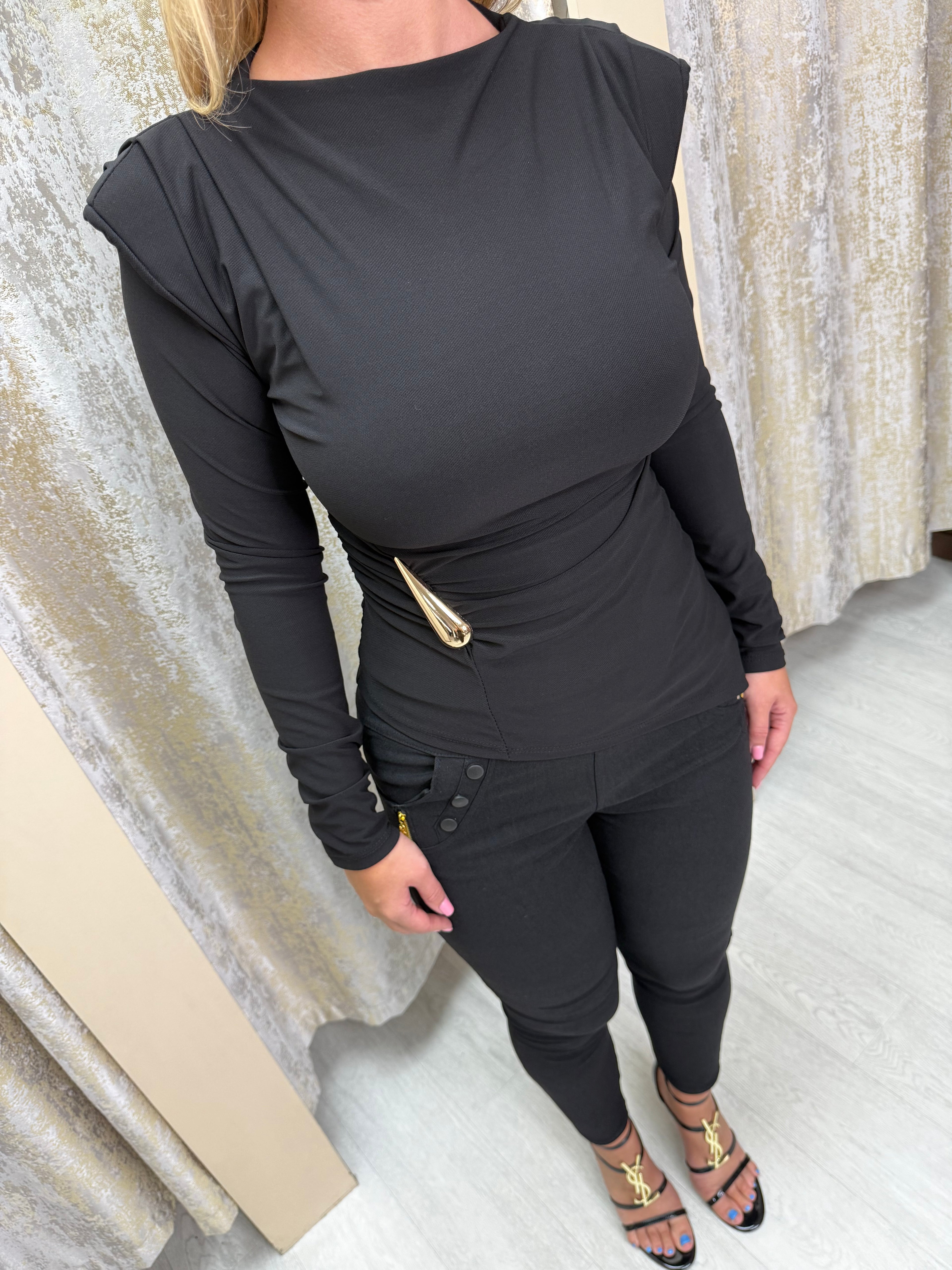 Asymmetric Side Split Long Sleeve Buckle Top with Shoulder Pads & Ruched Detailing