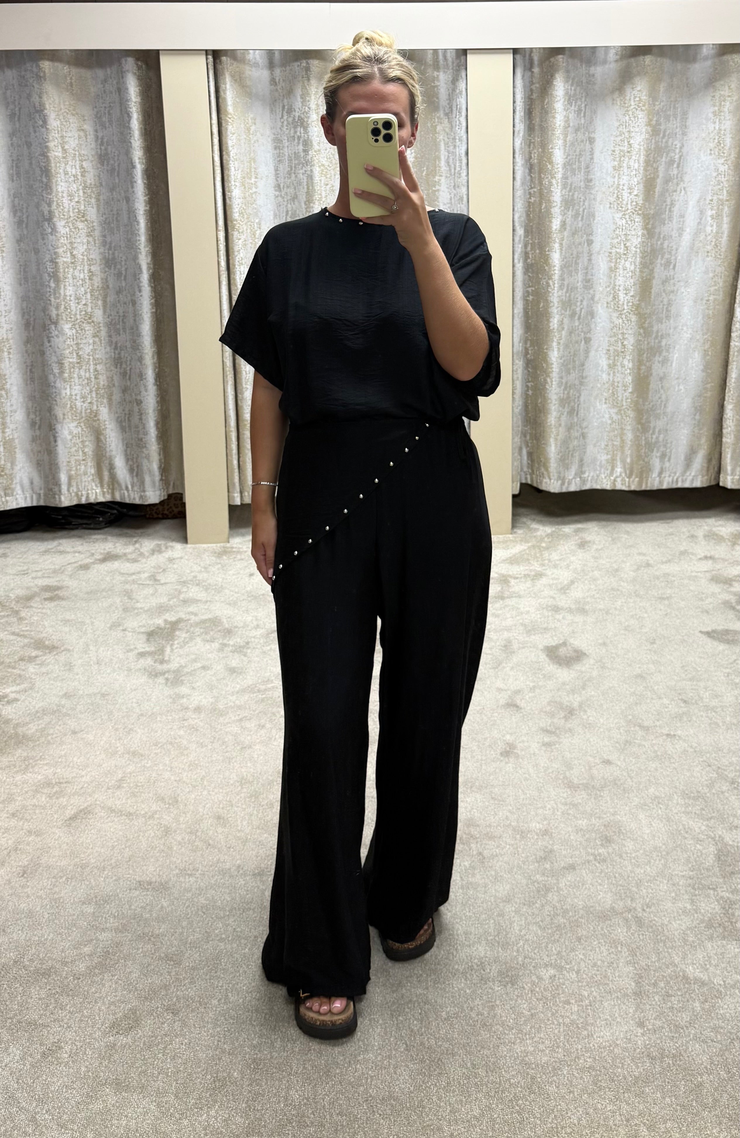 3 Piece Stud Detail Bubble Hem Top, Trousers & Scarf Co Ord