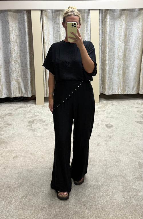 3 Piece Stud Detail Bubble Hem Top, Trousers & Scarf Co Ord