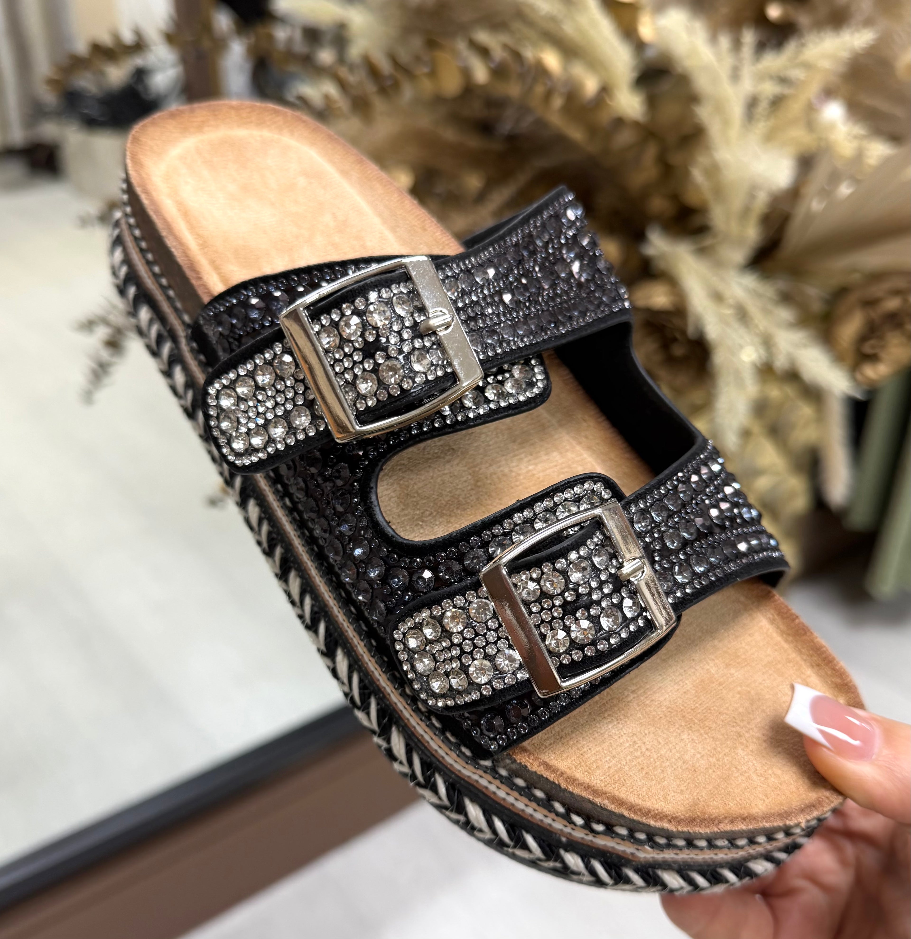 Diamanté Adjustable Buckle Platform Sliders- Black