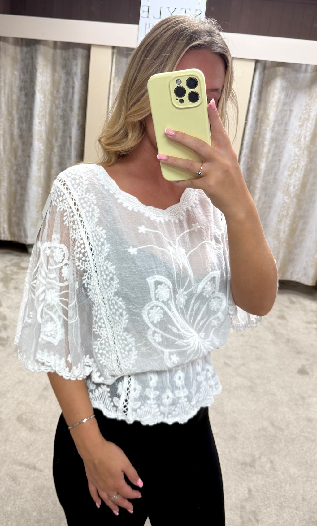 Butterly Embroidered Elasticated Waist Crochet Detail Top