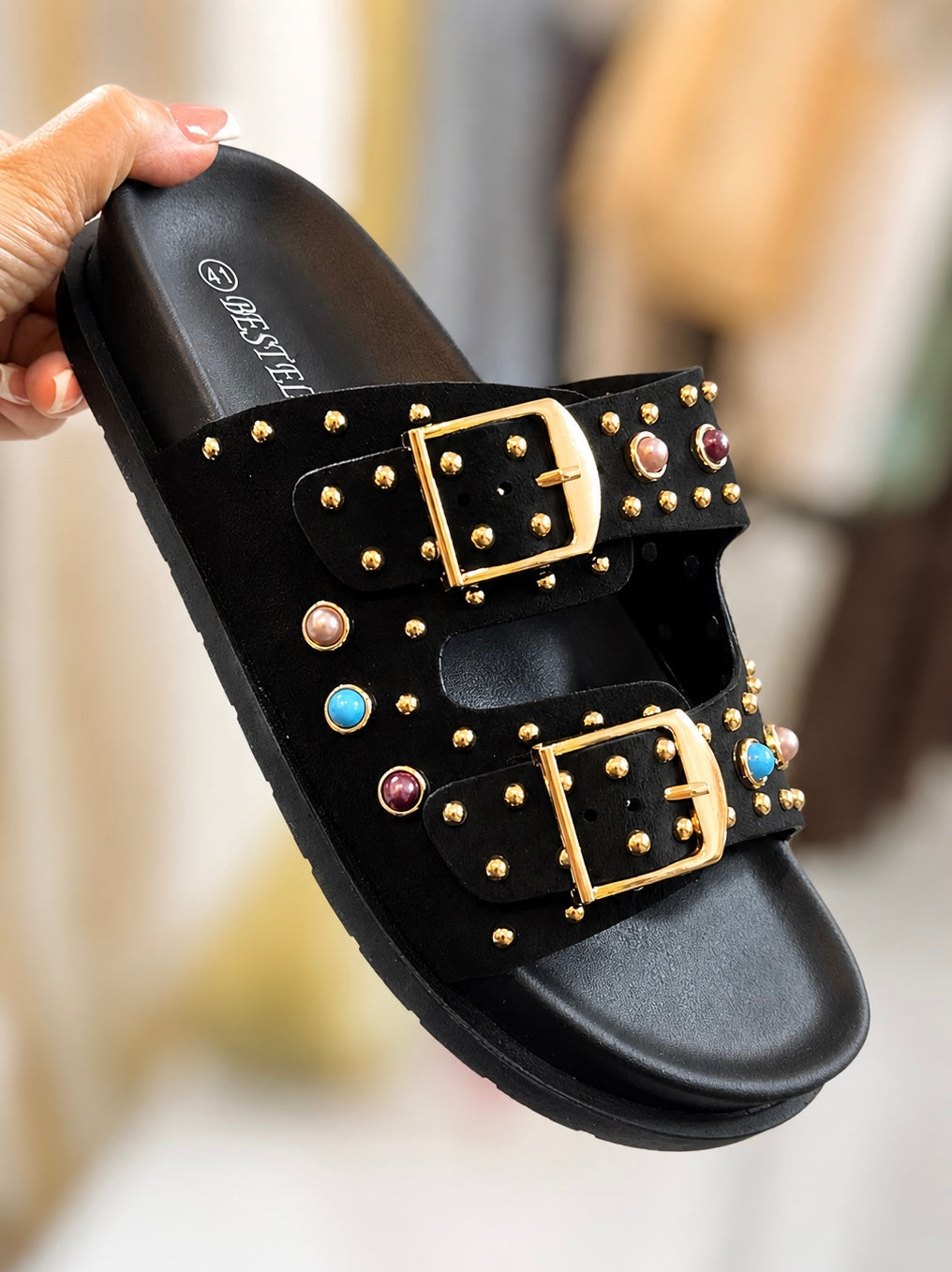 Black Suede & Studded Detail Buckle Sliders