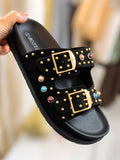 Black Suede & Studded Detail Buckle Sliders