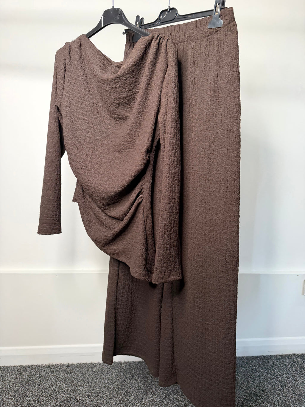 Ruched Detail Waist Cinching Cheesecloth Asymmetrical Long Sleeve Top & Trouser Co Ord