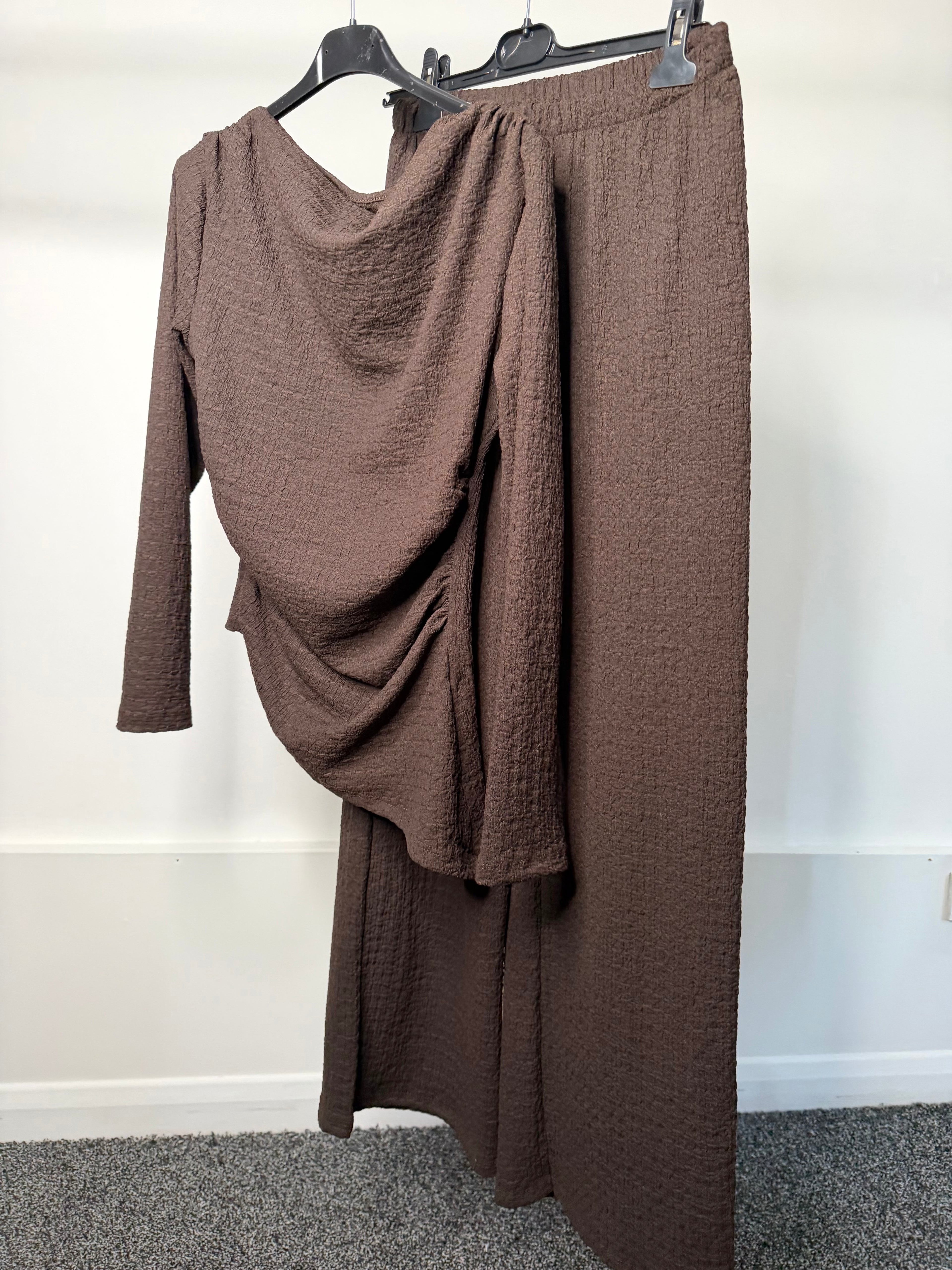 Ruched Detail Waist Cinching Cheesecloth Asymmetrical Long Sleeve Top & Trouser Co Ord
