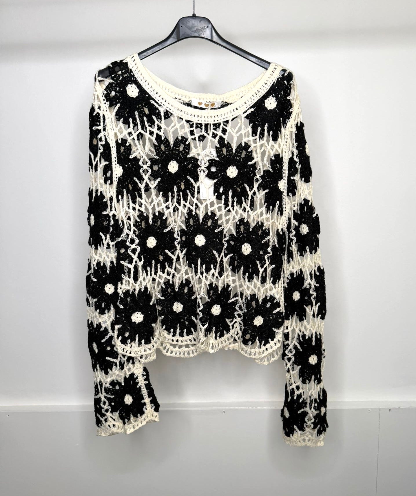 White & Black Flower Detail Crochet Top