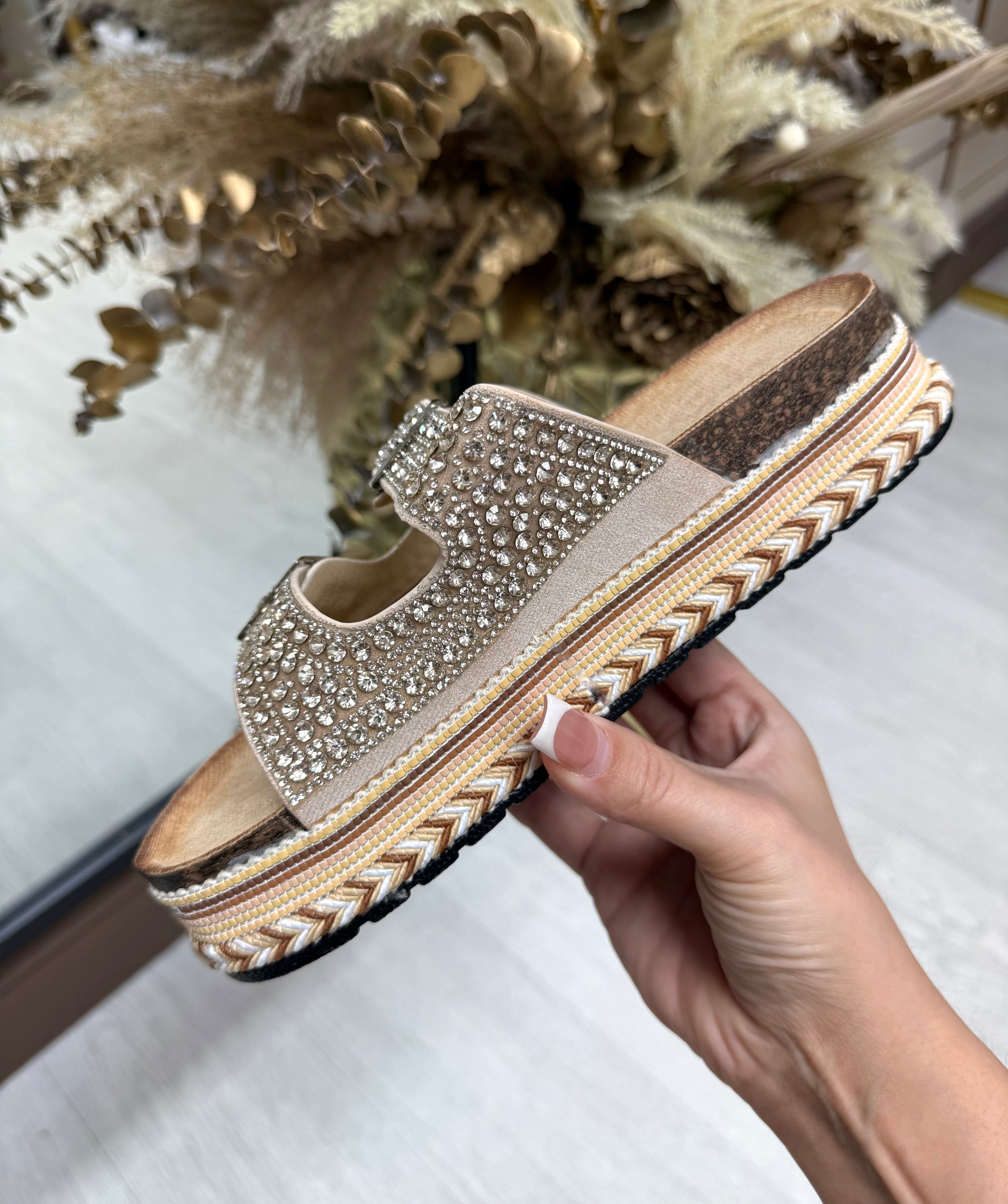 Diamanté Adjustable Buckle Platform Sliders- Beige