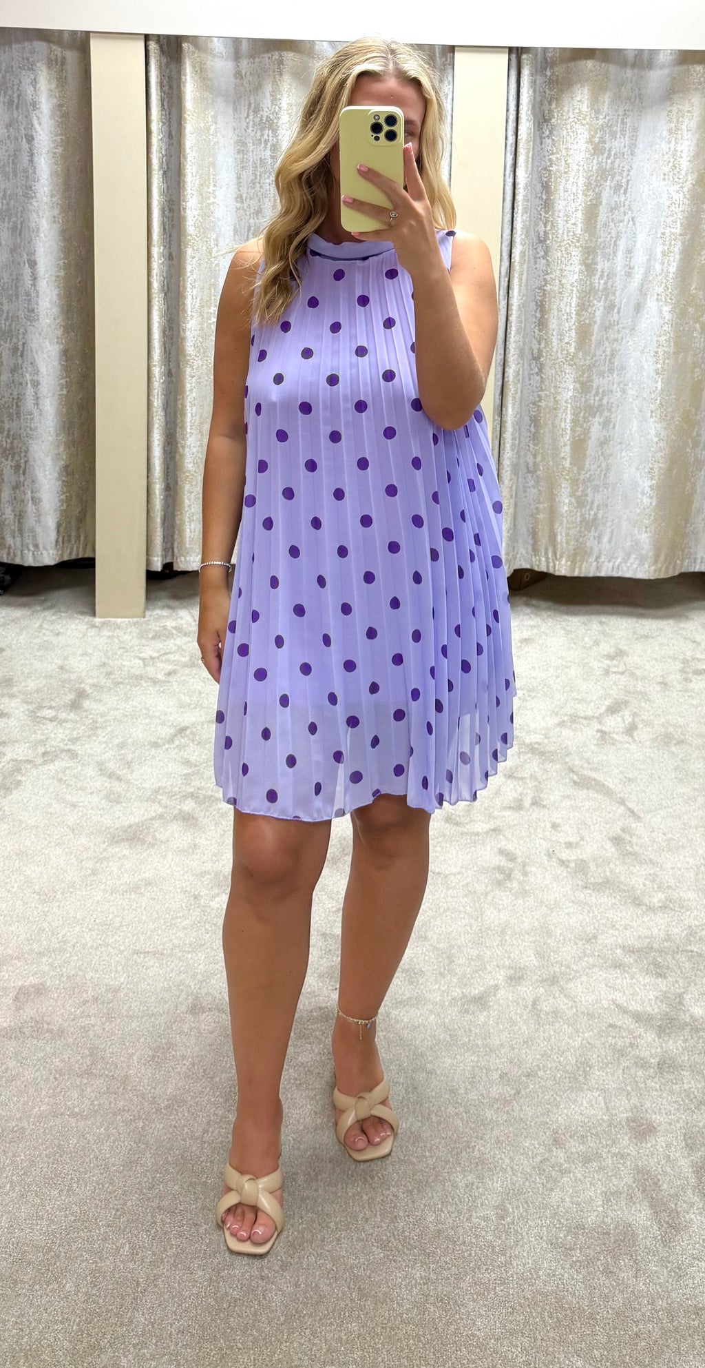 Polka Dot Halter Neck Pleated Dress - Lined Fabric