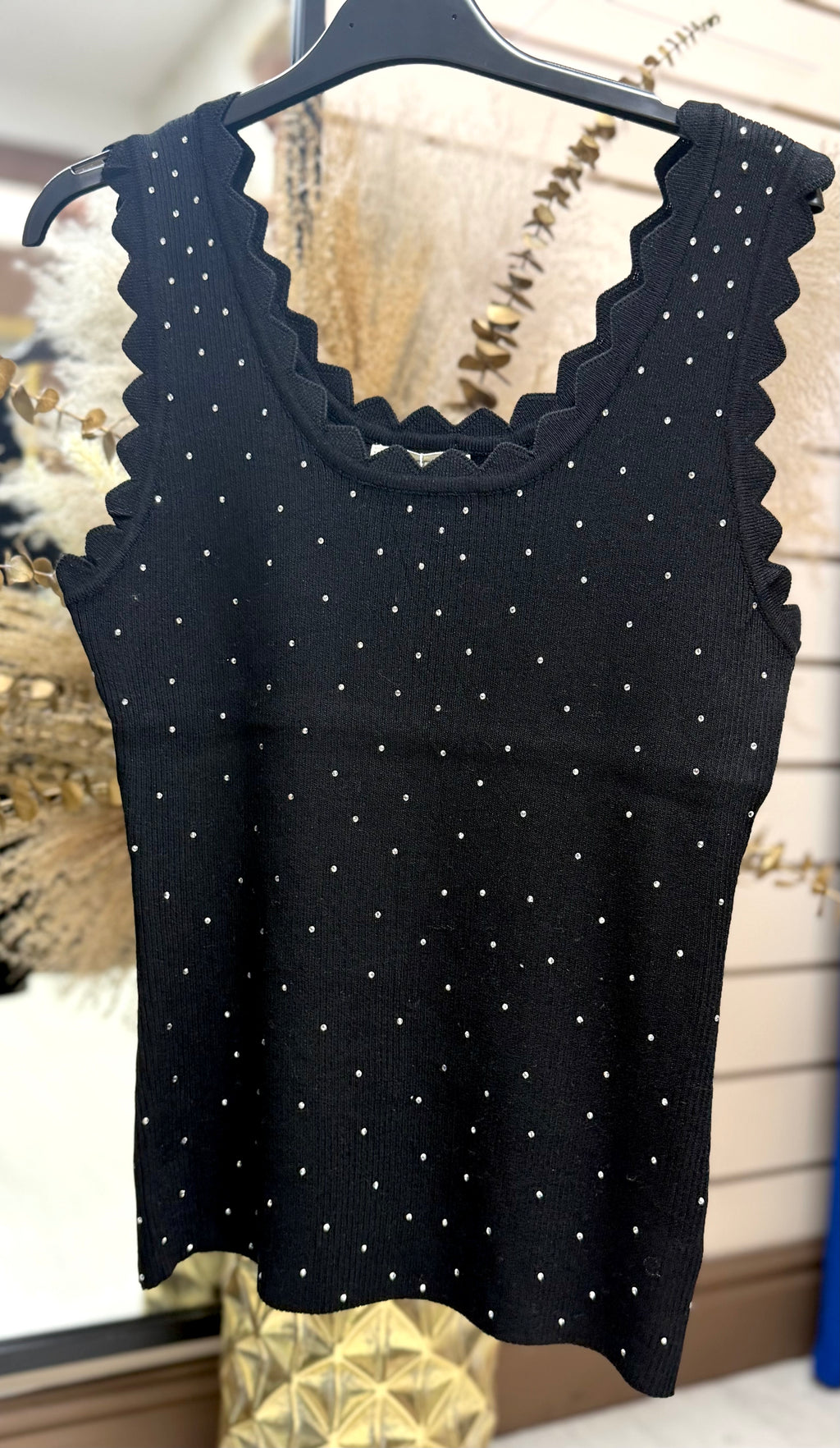 Scallop Trim Round Neck Diamanté Stretchy Vest Top