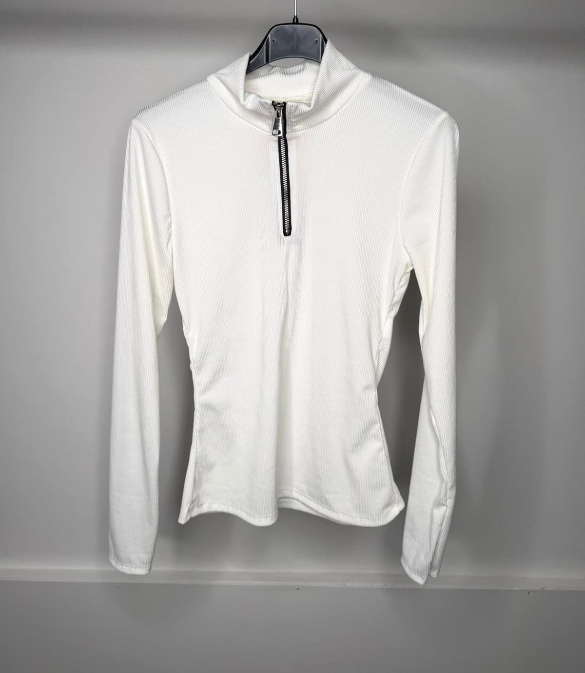 Fine Ribbed Zip Up Long Sleeve Top with Cinched Waist Detailing