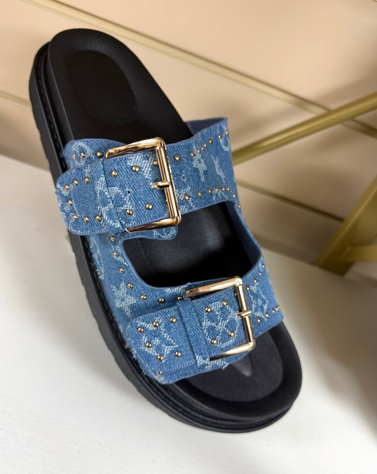 LV Denim Inspired Gold Buckle Detail Sliders
