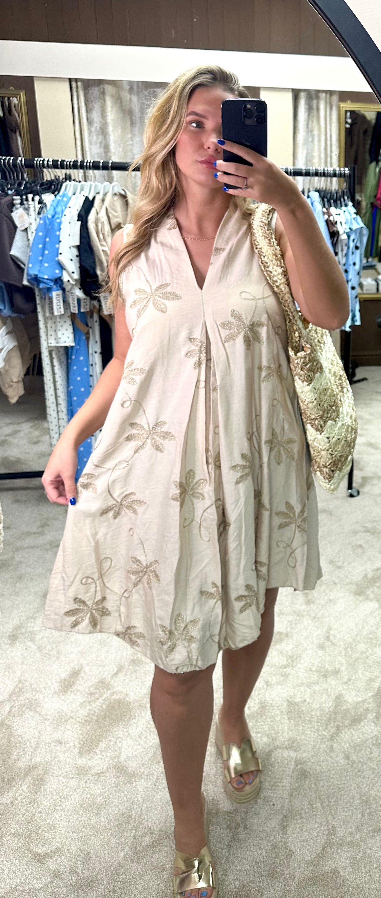 Metallic Gold Embroidered Flowy Linen Dress