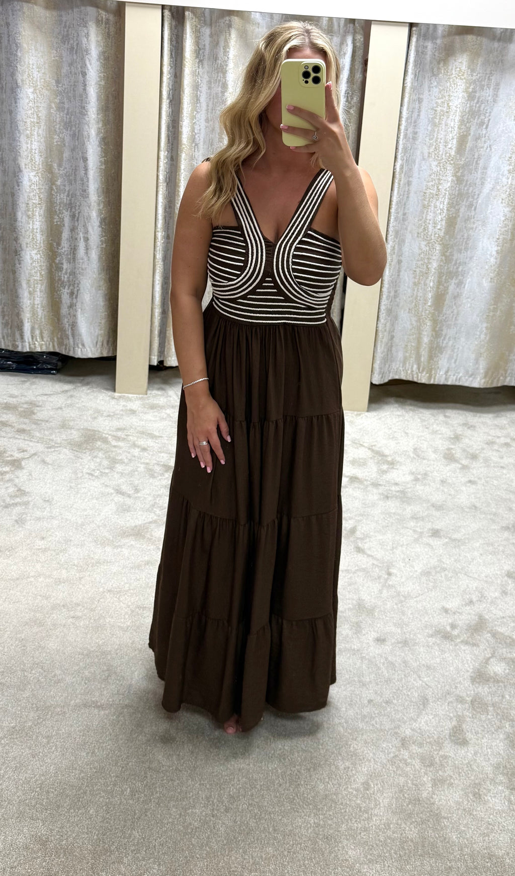 Chocolate Brown & White Rope Detail Tiered Maxi Dress