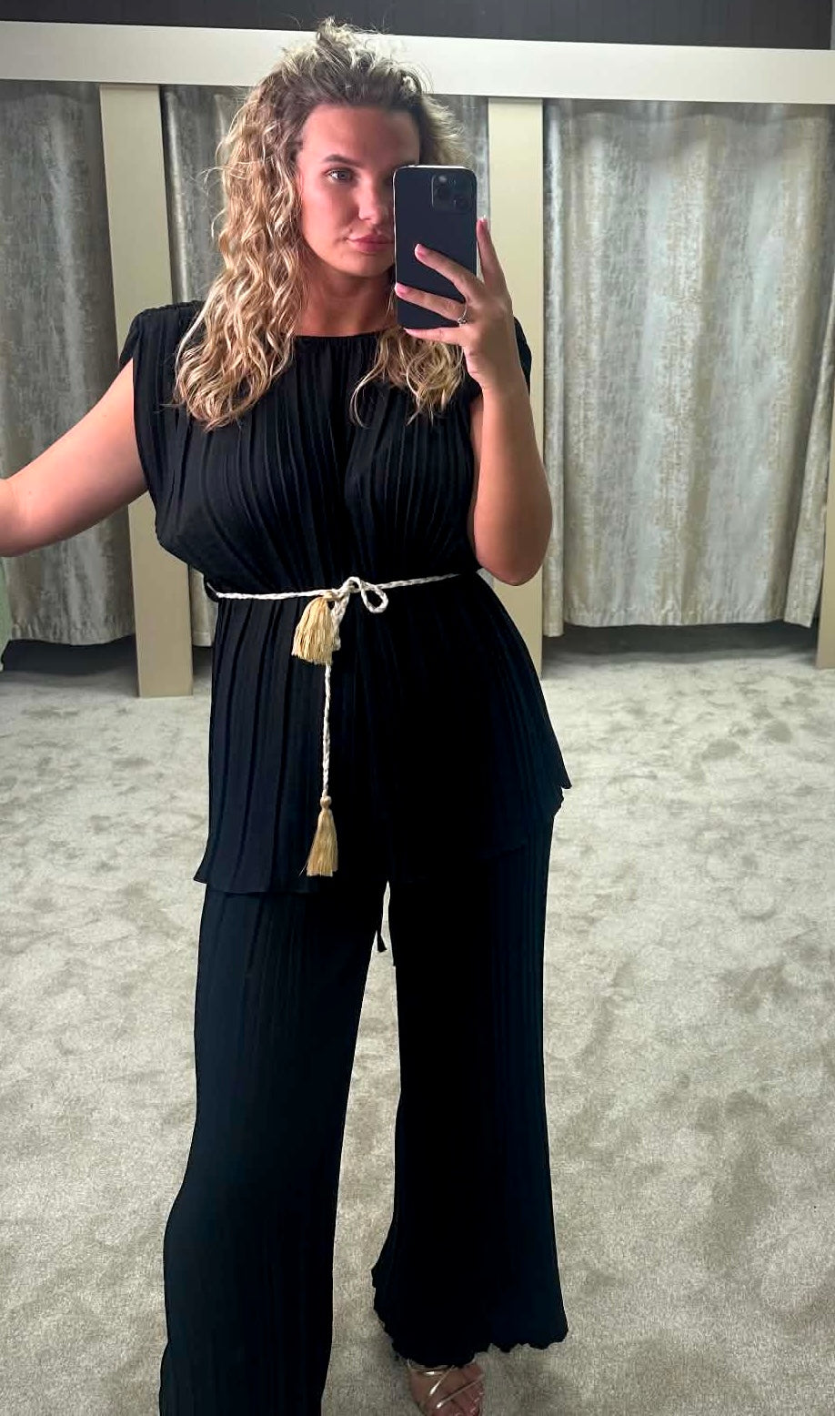 Pleated Shoulder Pad Tie Waist Top & Trouser Co Ord