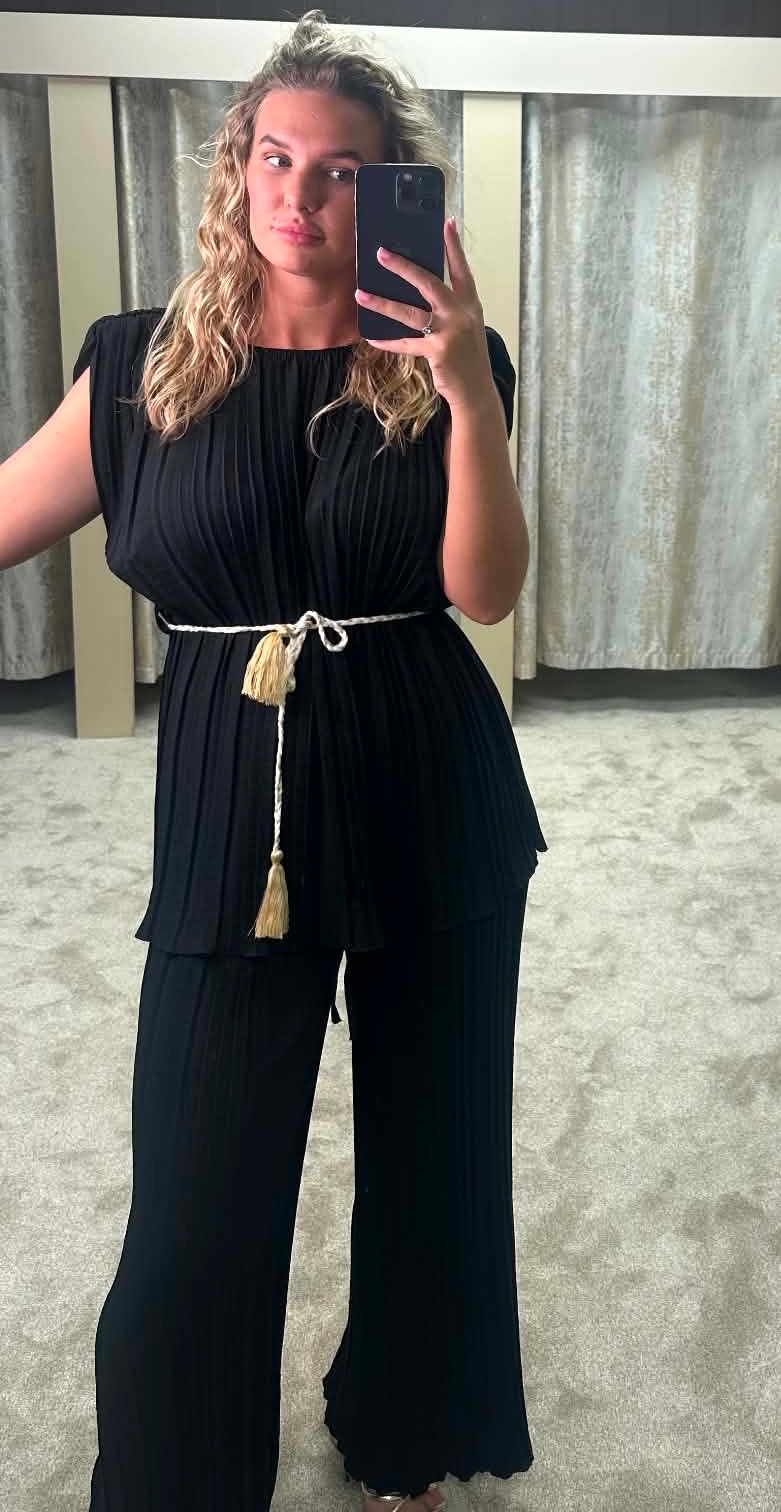 Pleated Shoulder Pad Tie Waist Top & Trouser Co Ord